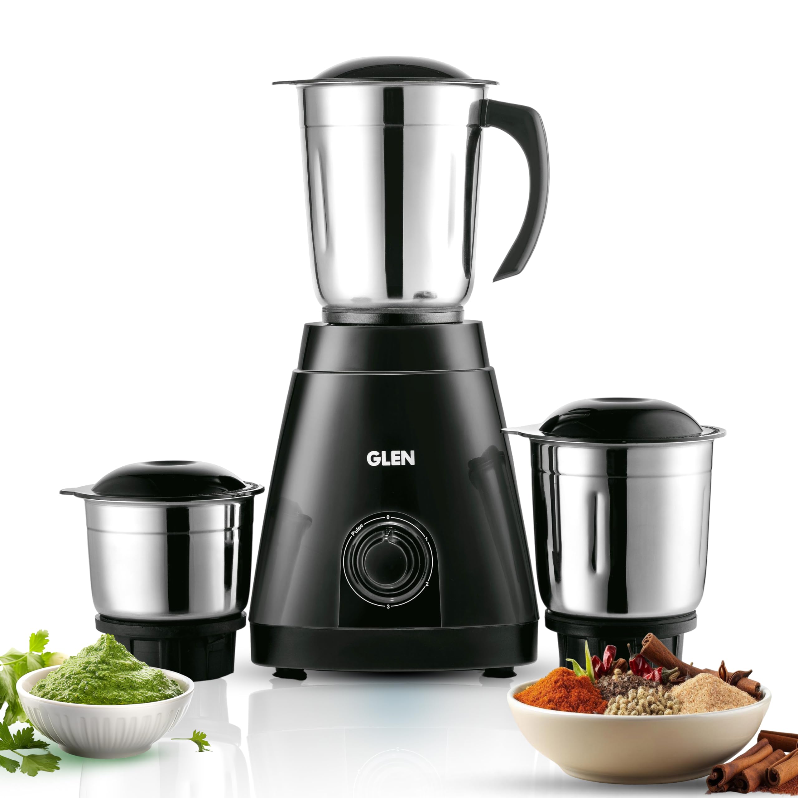 Glen Mixer Grinder 550 Watt, 3 Stainless Steel Jar, Overload Protection, 3 Speed Settings with Pulse Function, for Chutney, Spices, Masala, Baby Food - Black (SA4021JAR3)