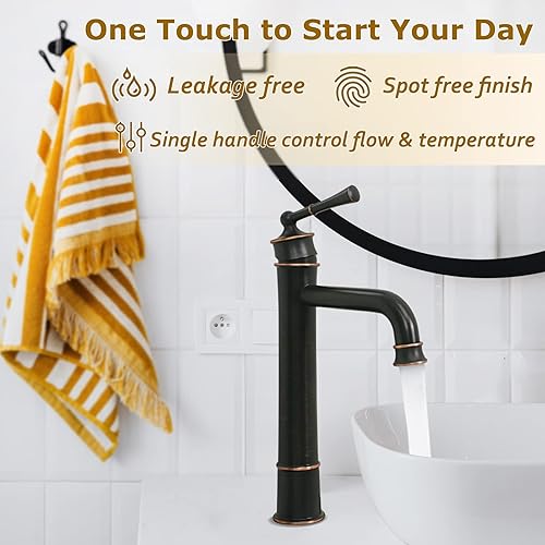 Miniatura 2 de Grifo alto de baño de bronce aceitado, diseño antiguo, mango único, montaje de fregadero de 1 agujero, drenaje desplegable y líneas de suministro