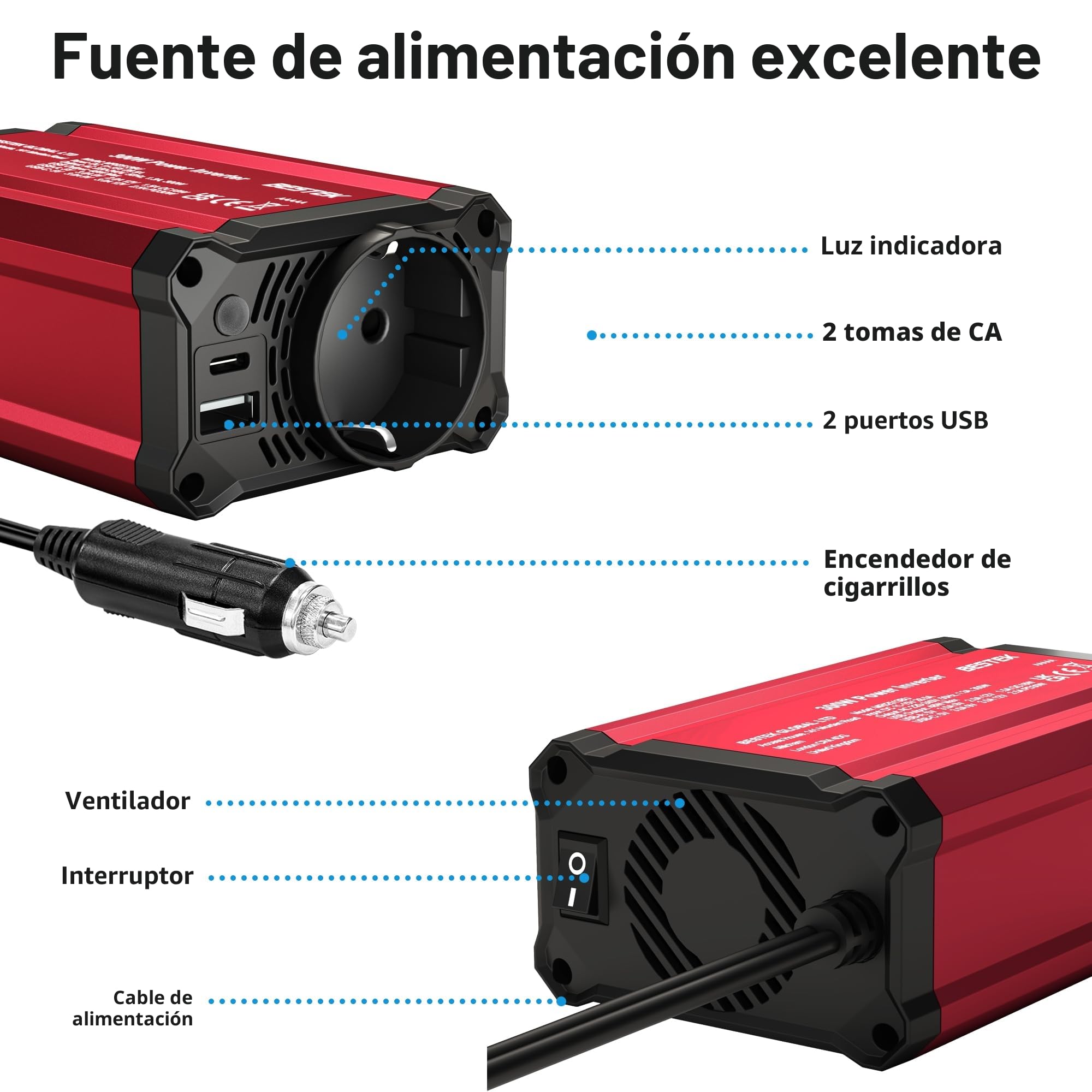 BESTEK Inversor 12v 220v Onda Pura 300W,Transformador 12V a 220V Convertidor Onda con 1 AC Tomas Y 2 USB-C (PD30 W) 2 USB-QC (18 W) sinusoidal con Protección para Barco,Caravana,Coche