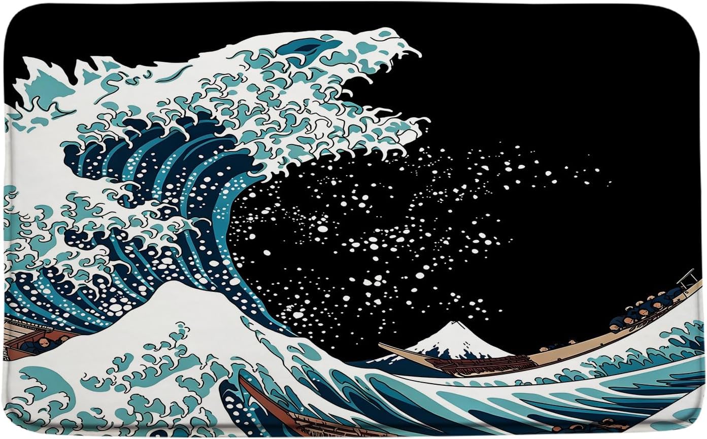 Sunhe Japanese Great Wave Bath Mat,Blue Vintage Japan Hokusai Great Wave of Kanagawa Ocean Retro Red Creative Print Microfiber Memory Foam Home Office Door Bathroom Mat/Bath Rugs image 5
