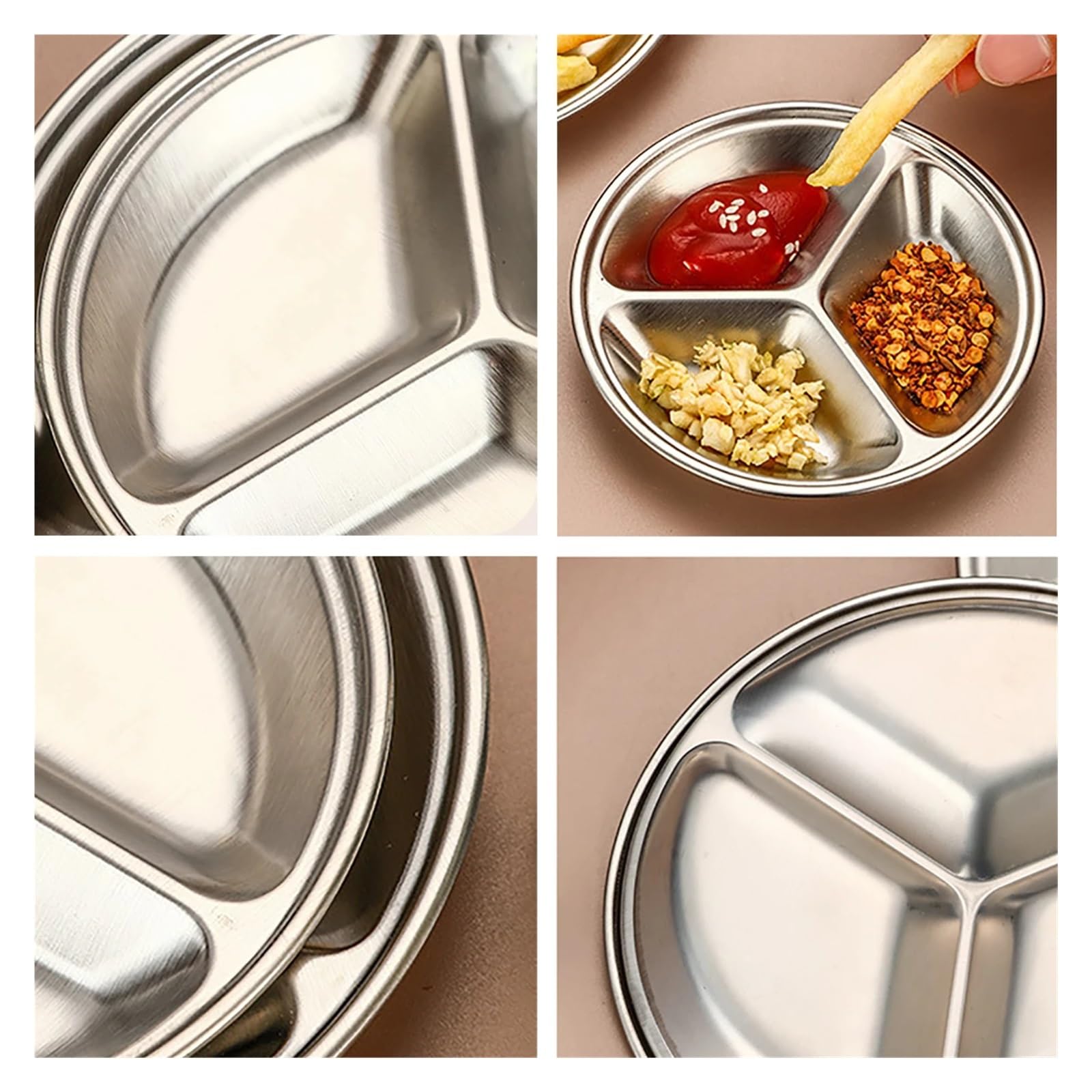 3-teiliges Set silberner Edelstahl-Spezialteller for Obstsnacks, runde, unterteilte Öl- und Gewürzschalen, kleine Schälchen for Küchengewürze(Silver,14cm)