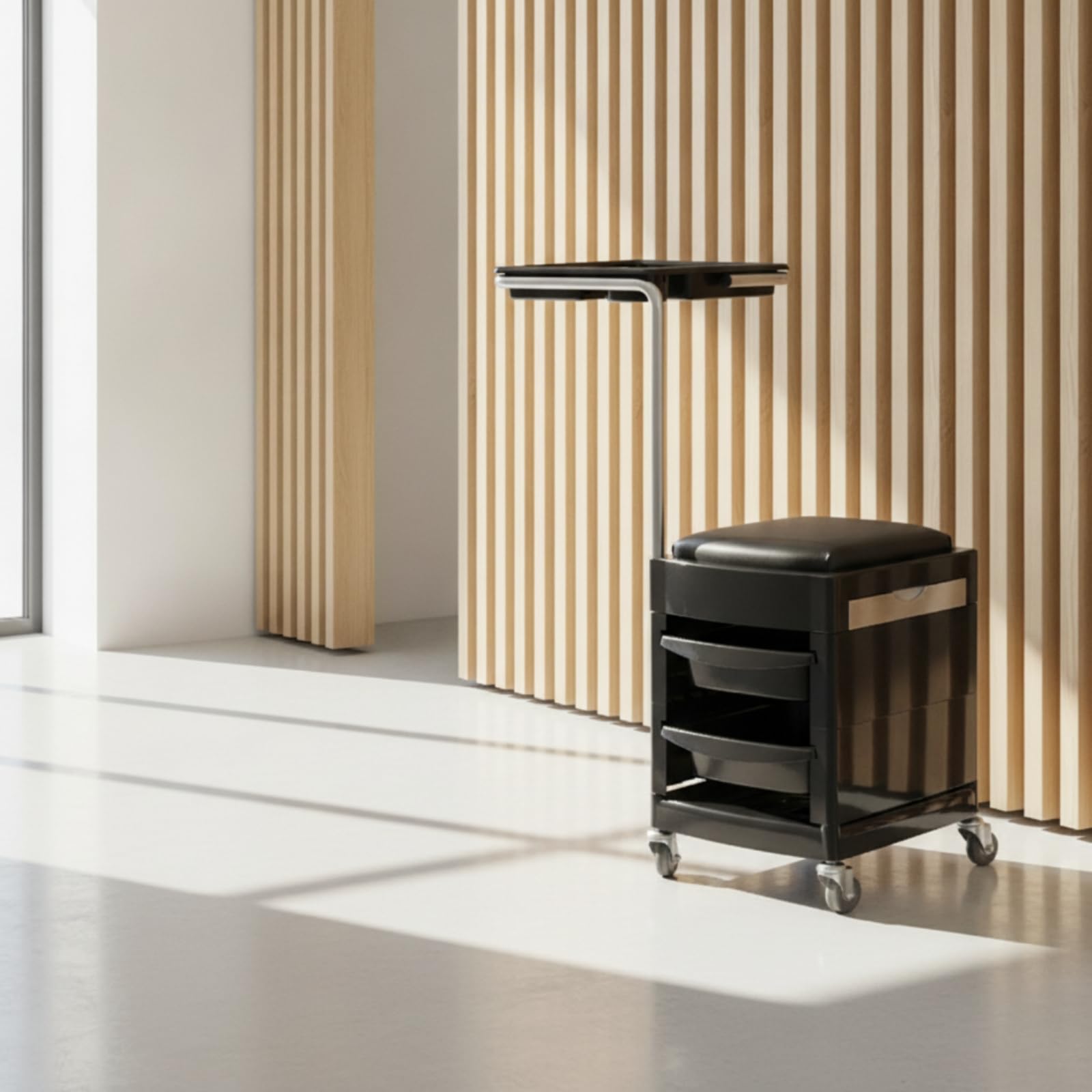 Salon Styling Seat Tabouret Chariot Manucure Trolley Fauteuil Coiffeur Banc Esthétique avec Pôle Métallique Plateau à Logements Rangement Latéral