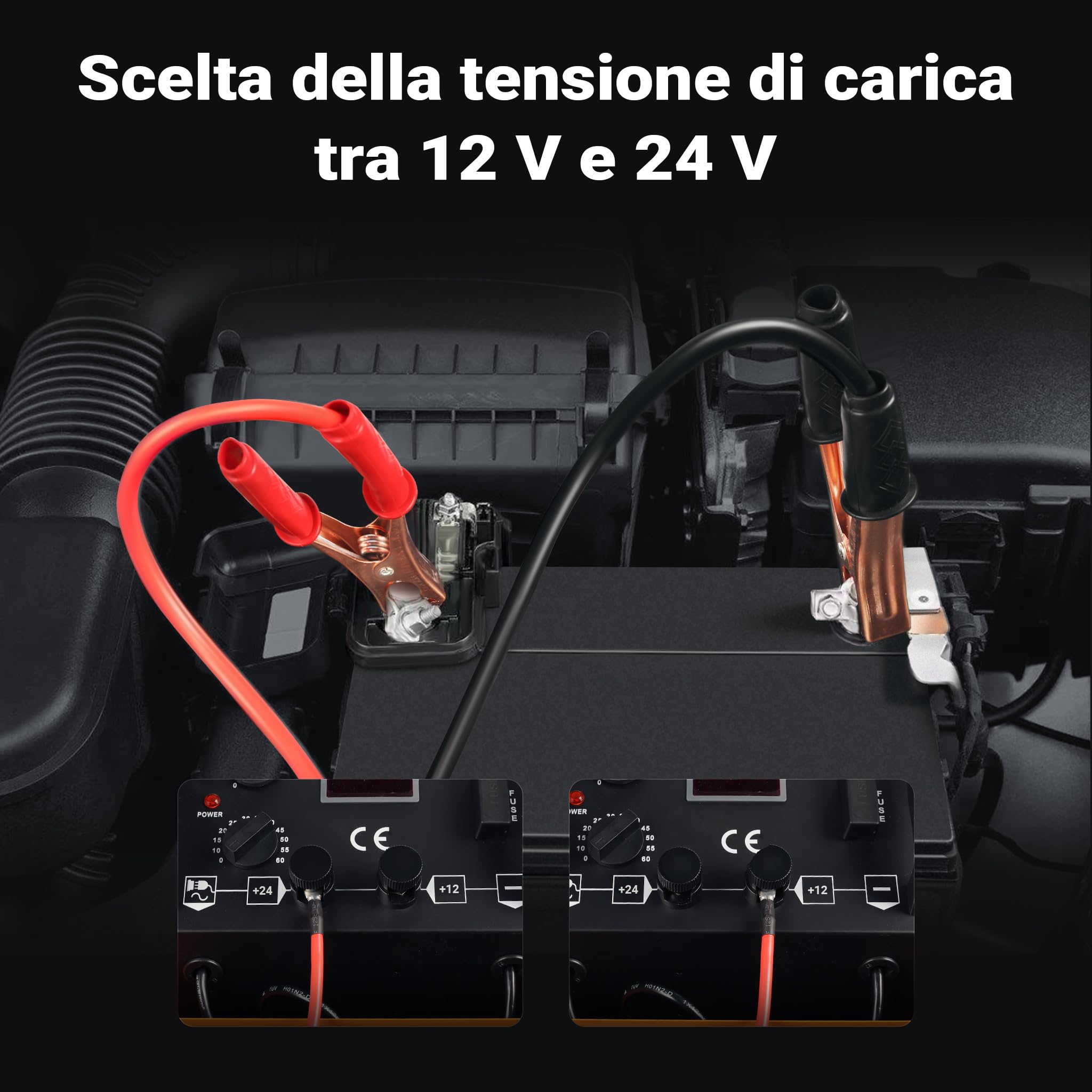 Wiltec Caricabatterie da 12V e 24V con ruote, funzione d'avviamento, ricarica rapida