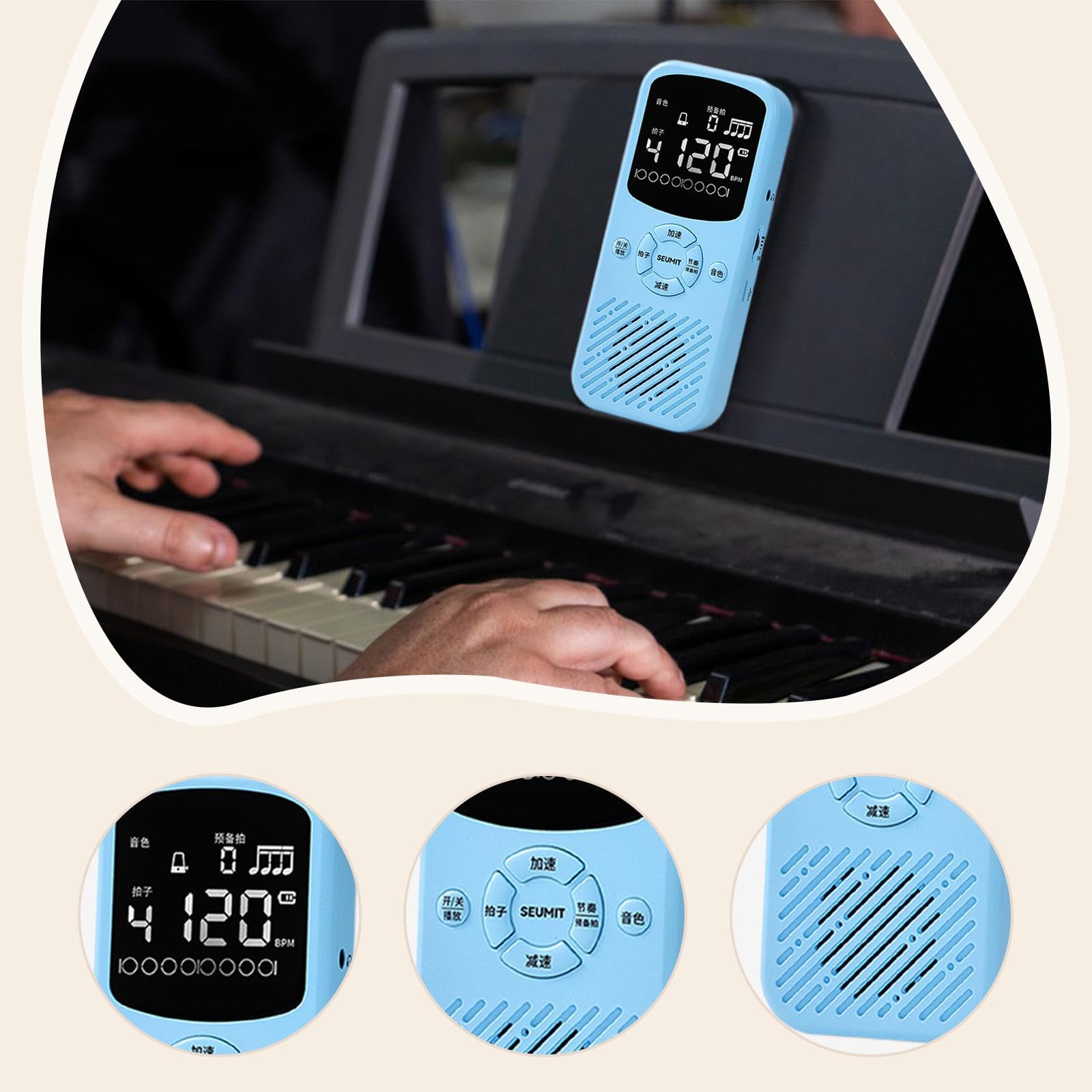 Metrónomo Electrónico Digital con Pantalla de Alta Definición, Volumen Ajustable, Múltiples Efectos de Sonido, Soporte Plegable, Ideal para Pianistas, Azul