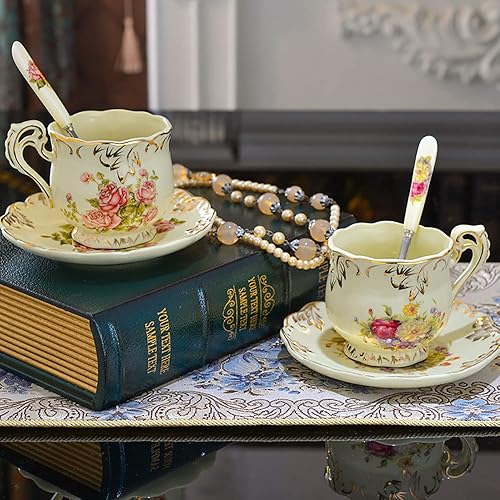 Miniatura 2 de Tazas de té y platillos (rosa, 8 onzas), juego de taza y platillo floral con cuchara, tazas de té vintage, juego de té de porcelana, juegos de té