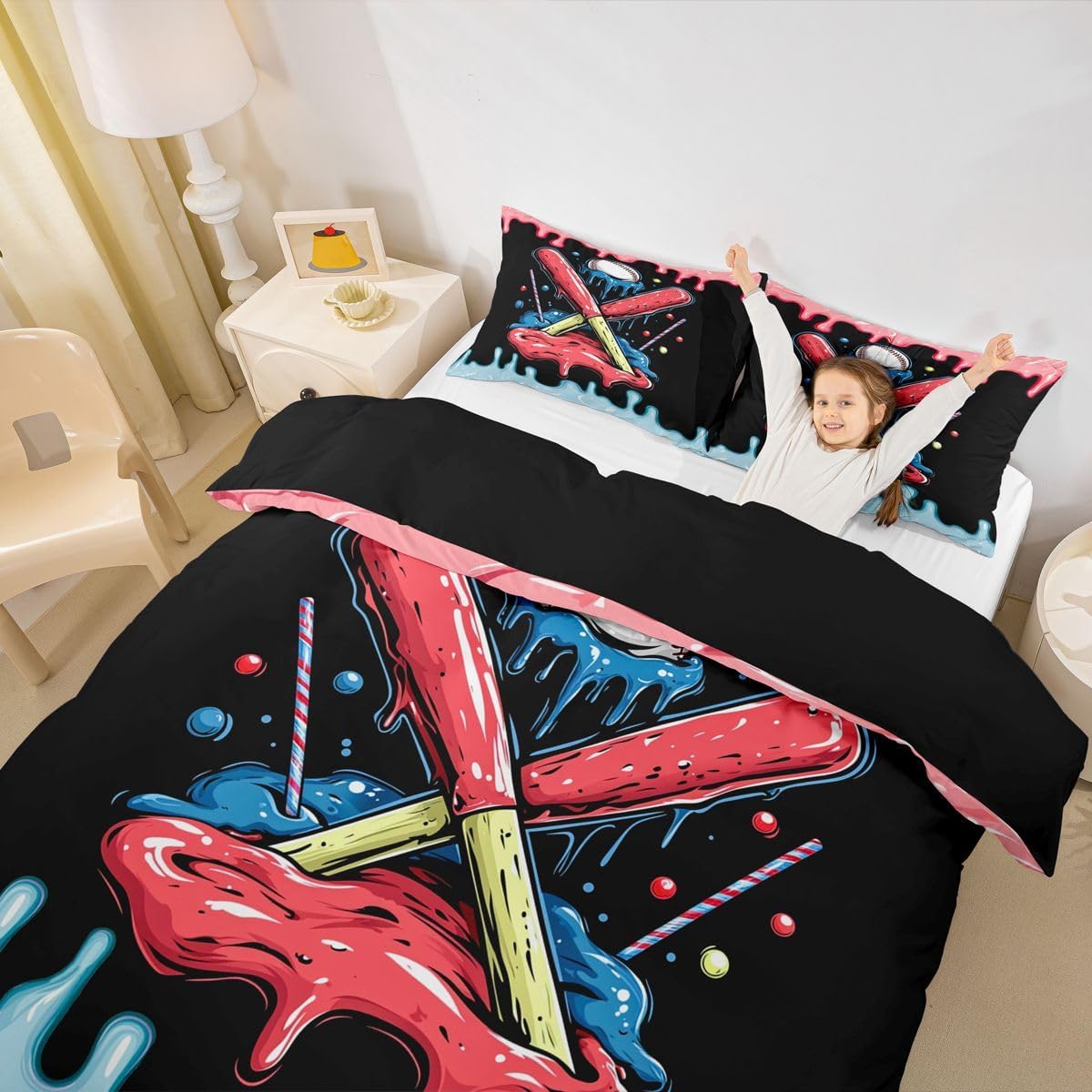 Castle Fairy Baseball Cream Kids Duvet Cover Set Full Size,Ice Cream Drip Dessert Girls Boys Bedding Set,Sports Theme Room Decor,Black Red Blue Quilt Cover,2 Pillowcases(No Comforter)