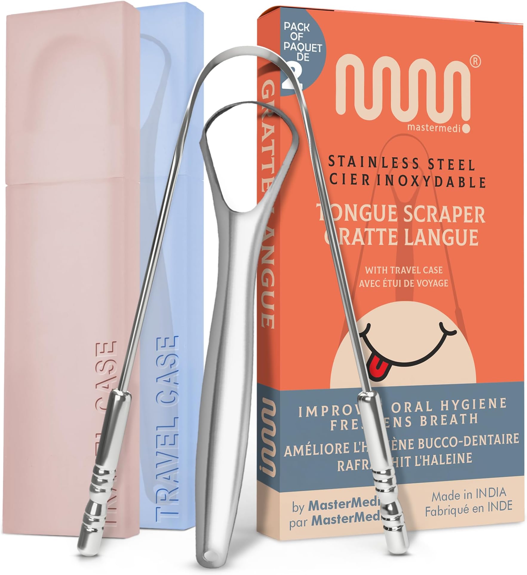 MasterMedi Tongue Scraper with Multicolor Cases (2 Pack), 100% Stainless Steel, Reduce Bad Breath, Easy to Use Tongue Scraper for Adults, Tongue Cleaner for Oral Care & Hygiene