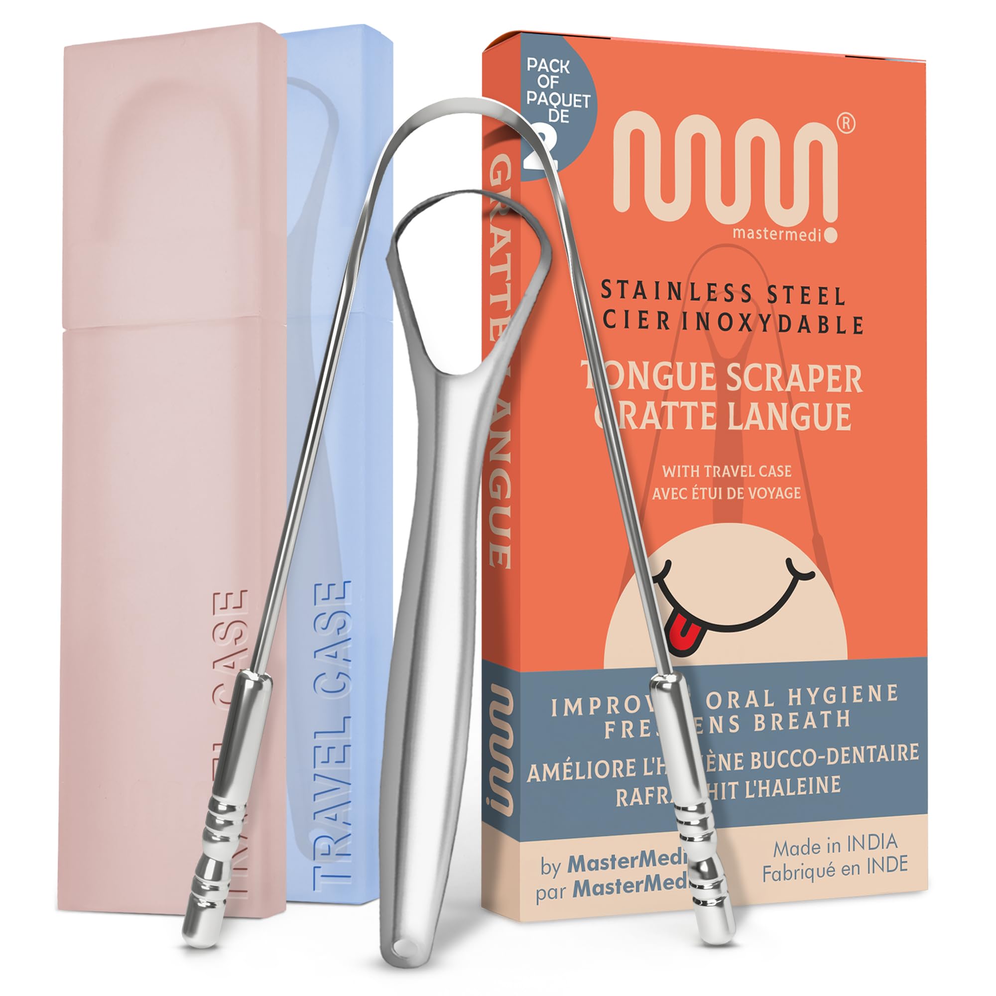mastermedi Stainless Steel Tongue Scraper Set with Multicolor Cases (2-Pack) | Oral Care & Hygiene - main product image