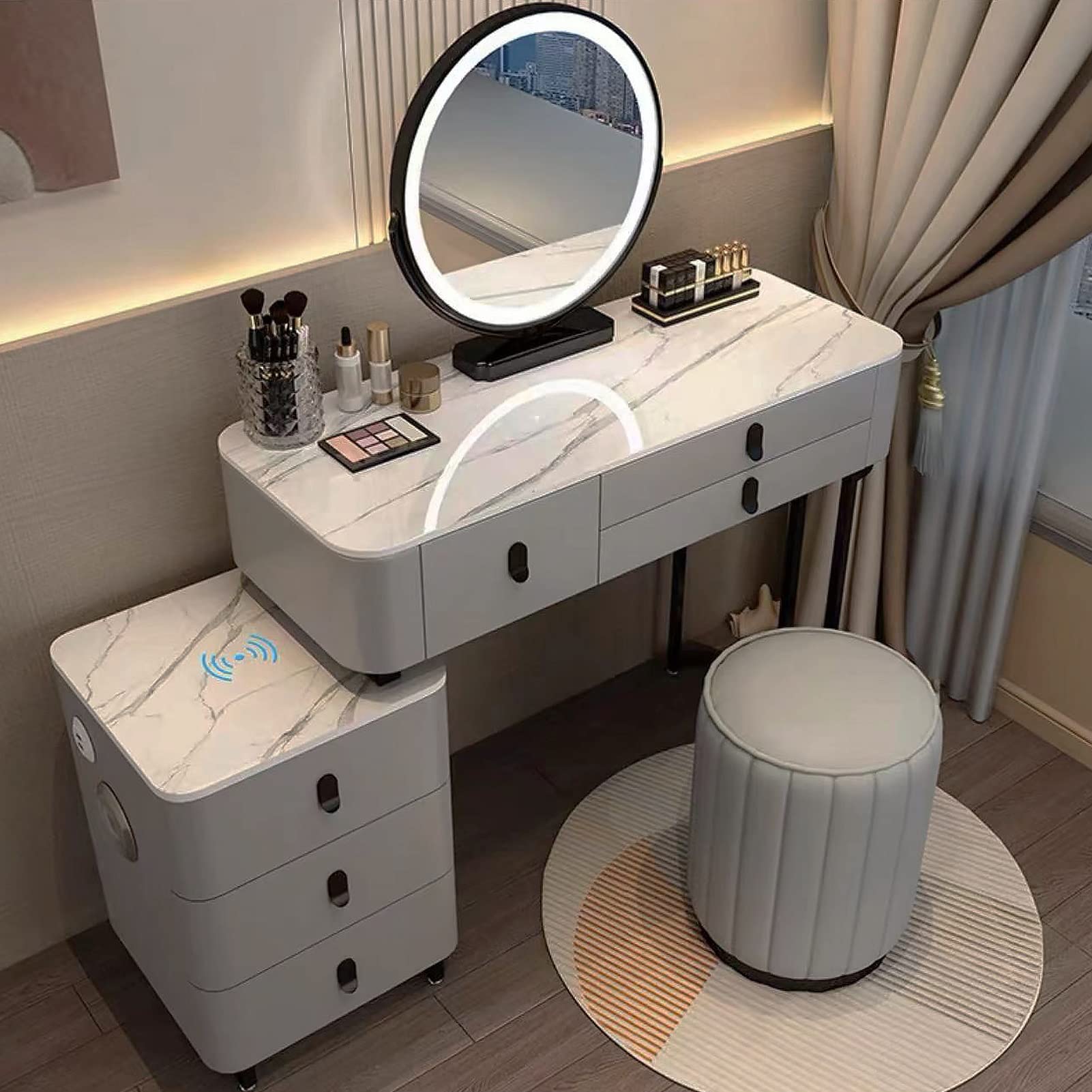 asdchZen White Makeup Vanity Desk Set With Cushioned Stool, Lighted Mirror, Tempered Glass Top, Movable Drawer Chest, Charging Station, 100Cm Dressing Table,Gray+slate a-80cm/31.5in