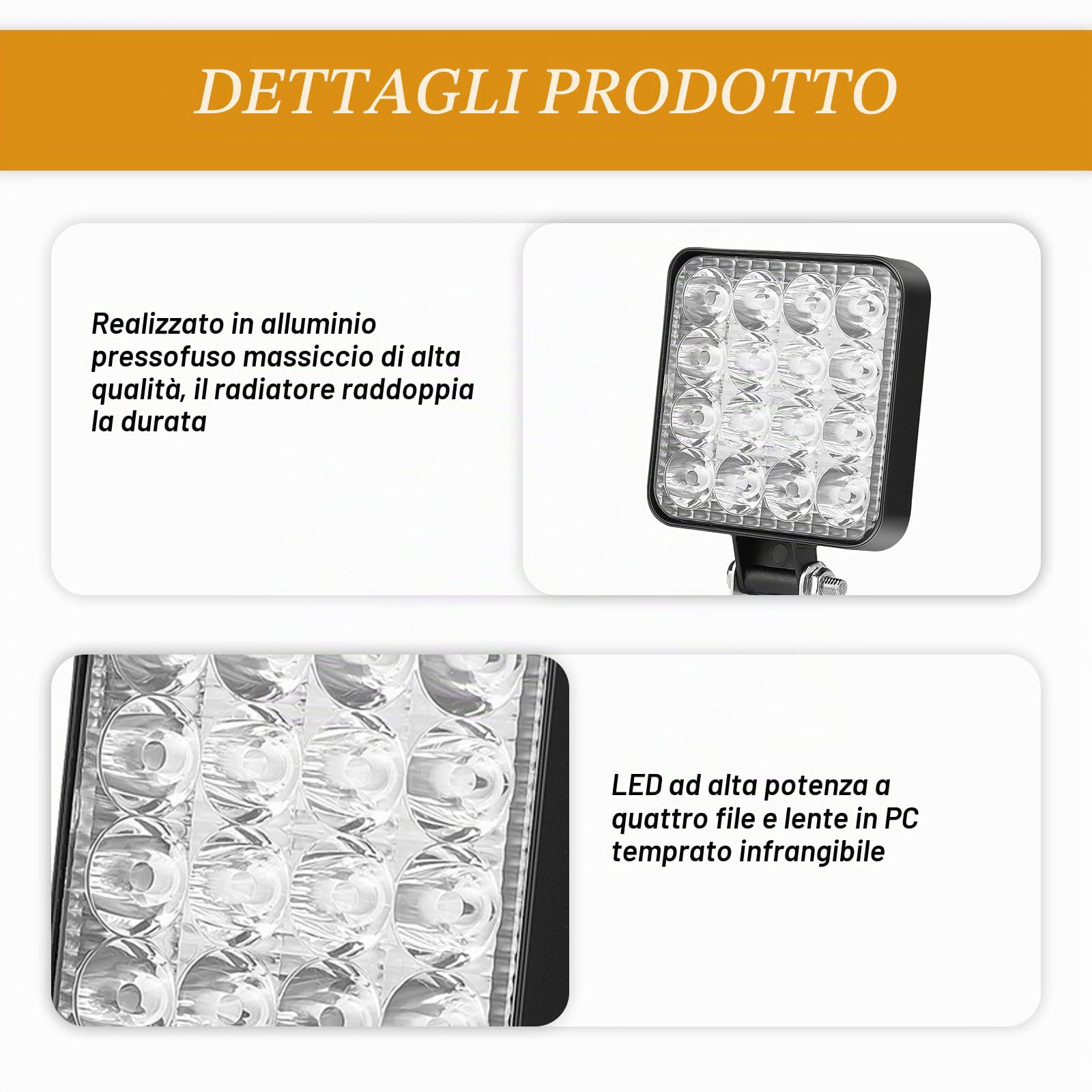 Sporgo 6 pezzi di fari da lavoro LED: fari LED quadrati 12V 48W, fari supplementari fuoristrada e retromarcia IP67 impermeabili per escavatori, trattori, cingolati, ATV, camion fuoristrada, luce