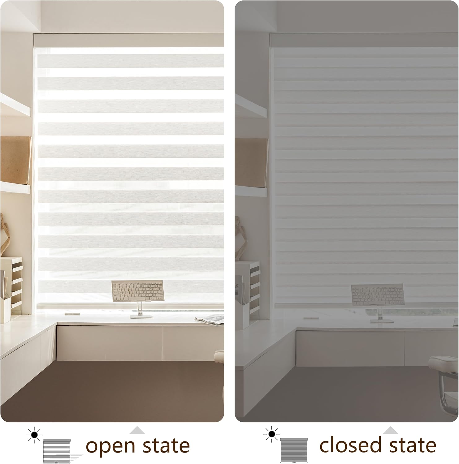 Cordless Zebra Blinds for Windows, 34" W x 72" H, White