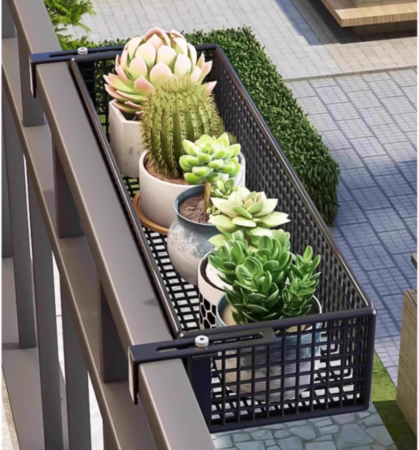 Plant-Racks Balcony Flower Stand Suspended Wrought Iron Balustrade Flower Pot Rack Balustrade Flower Stand Security Mesh Storage Rack with Wide Storage Space(White,36 * 15 * 10cm-A)