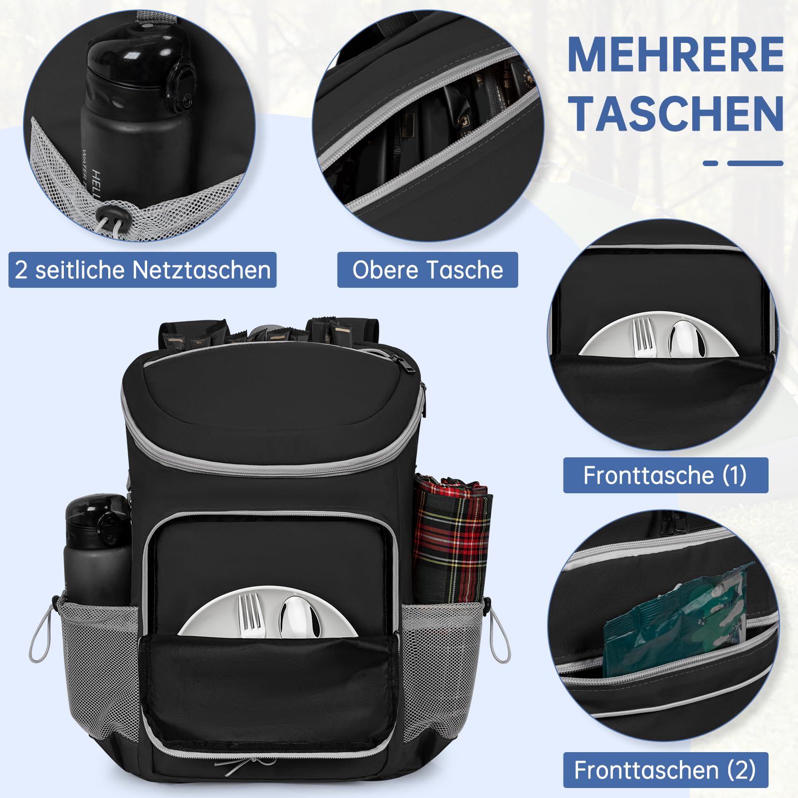OUUTMEE Kühltasche 25L Thermo Rucksack Auslaufsicher, Kühlrucksack für 30 Getränkedosen (330 ml),für Wandern und Picknick, Praktisch & Leicht,Schwarz/Blau/Grau/Grün/Orange Farbe
