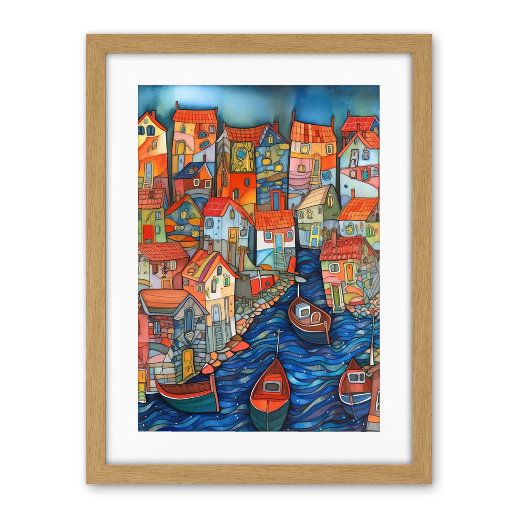 Artery8 Fishing Village Canal Folk Art Watercolour Painting Artwork Framed Wall Art Print 18X24 Inch
