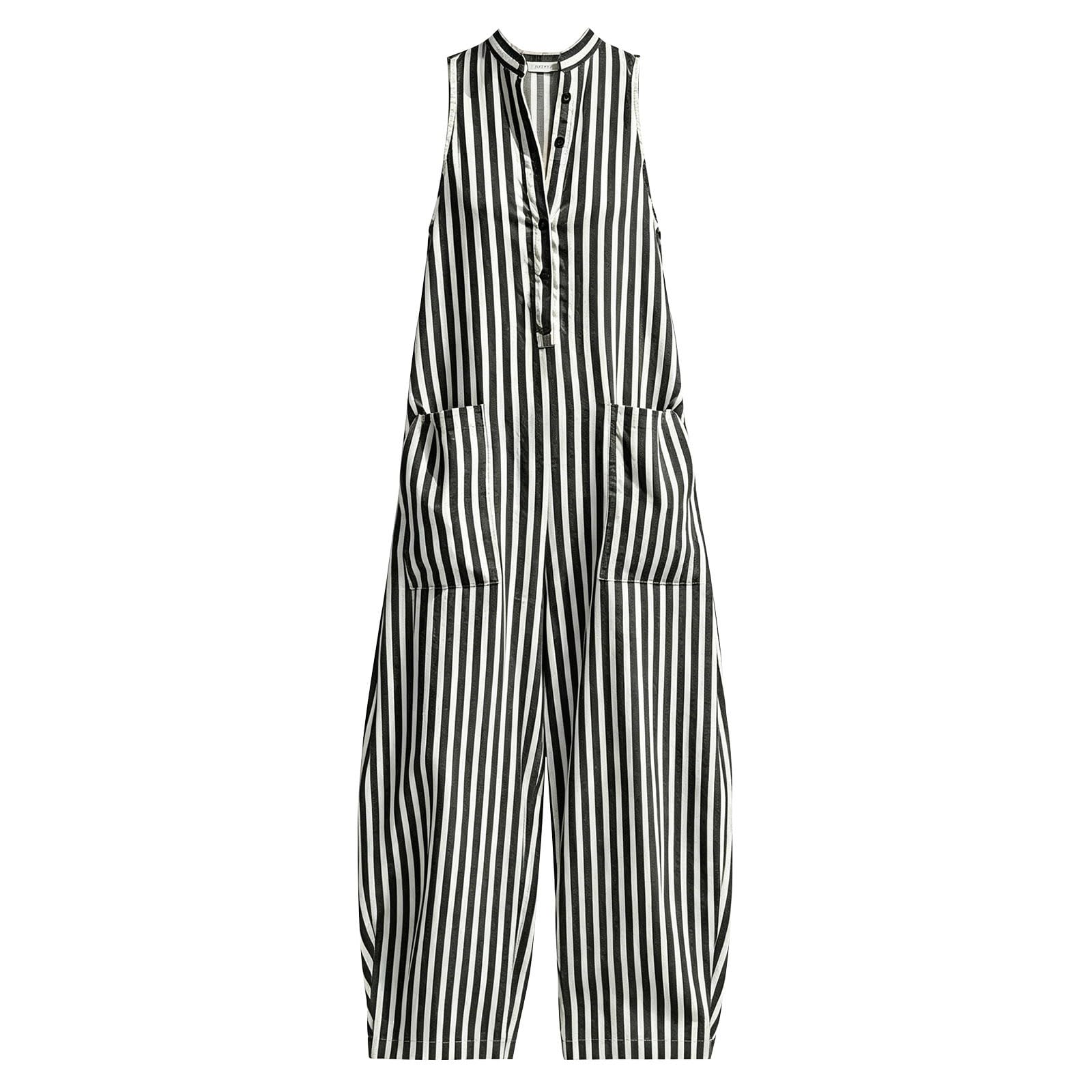 Generisch Tuta estiva da donna, lunga, a gamba larga, senza maniche, elegante | Tuta intera, oversize, a righe, con grandi tasche, scollo a V, con bottoni, casual, per tutti i giorni