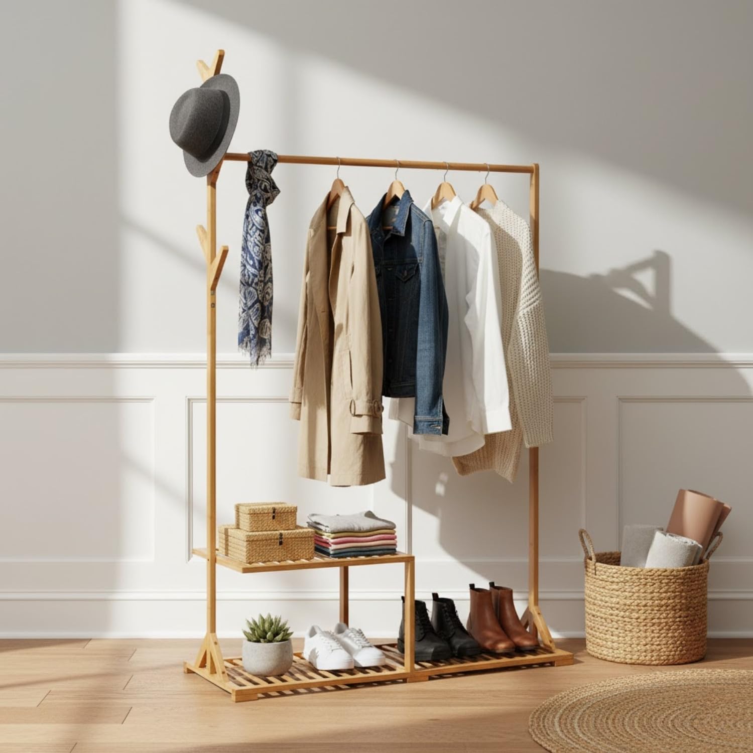THINIA HOME - Perchero de Pie de Bambú Natural con Zapatero y Ganchos Árbol, Organizador de Entrada, Dormitorio o Recibidor, Estilo Nórdico, 107x40x169 cm