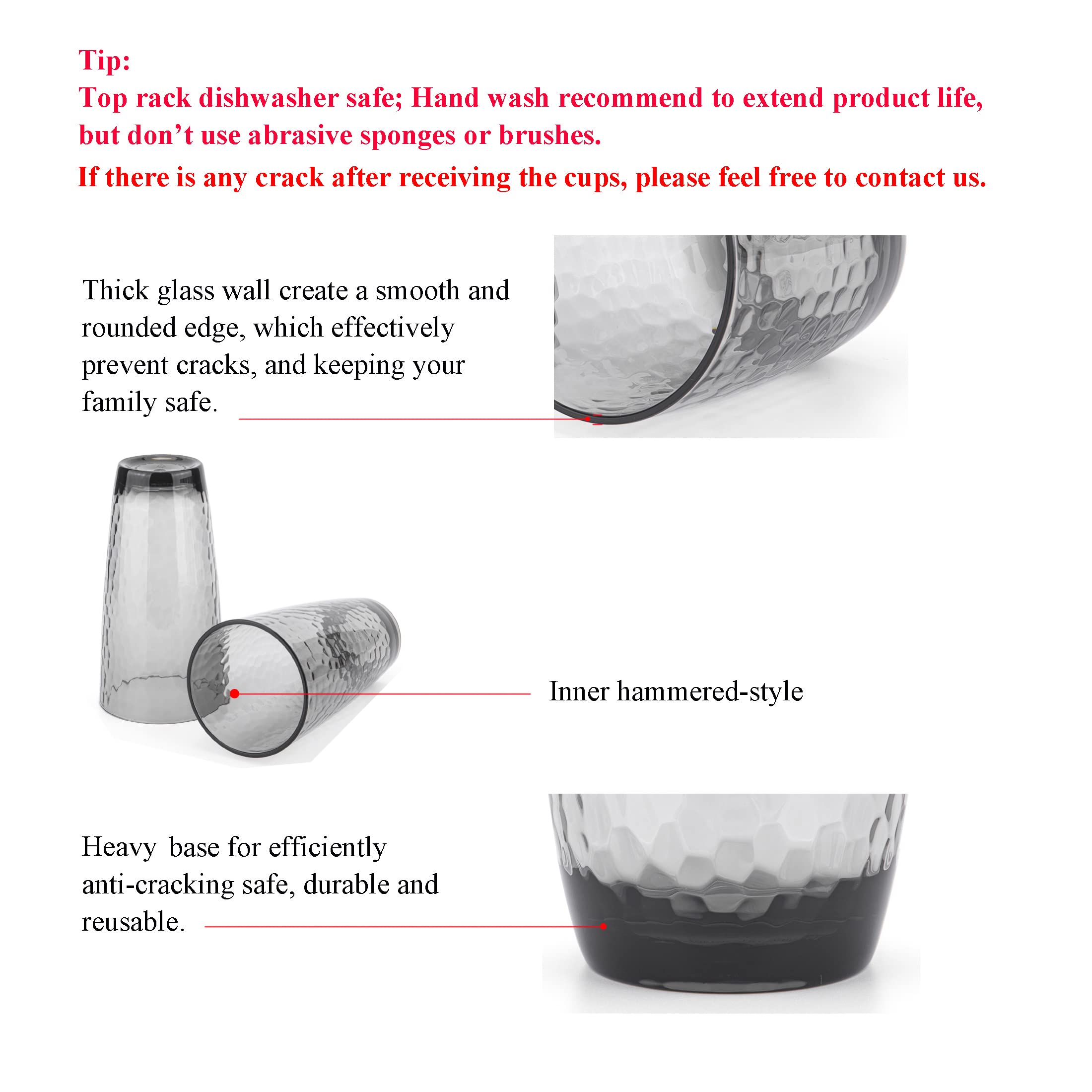 Vaso de plástico de 6 vasos de acrílico Hammered Smoke de 26 onzas, juego de 6
