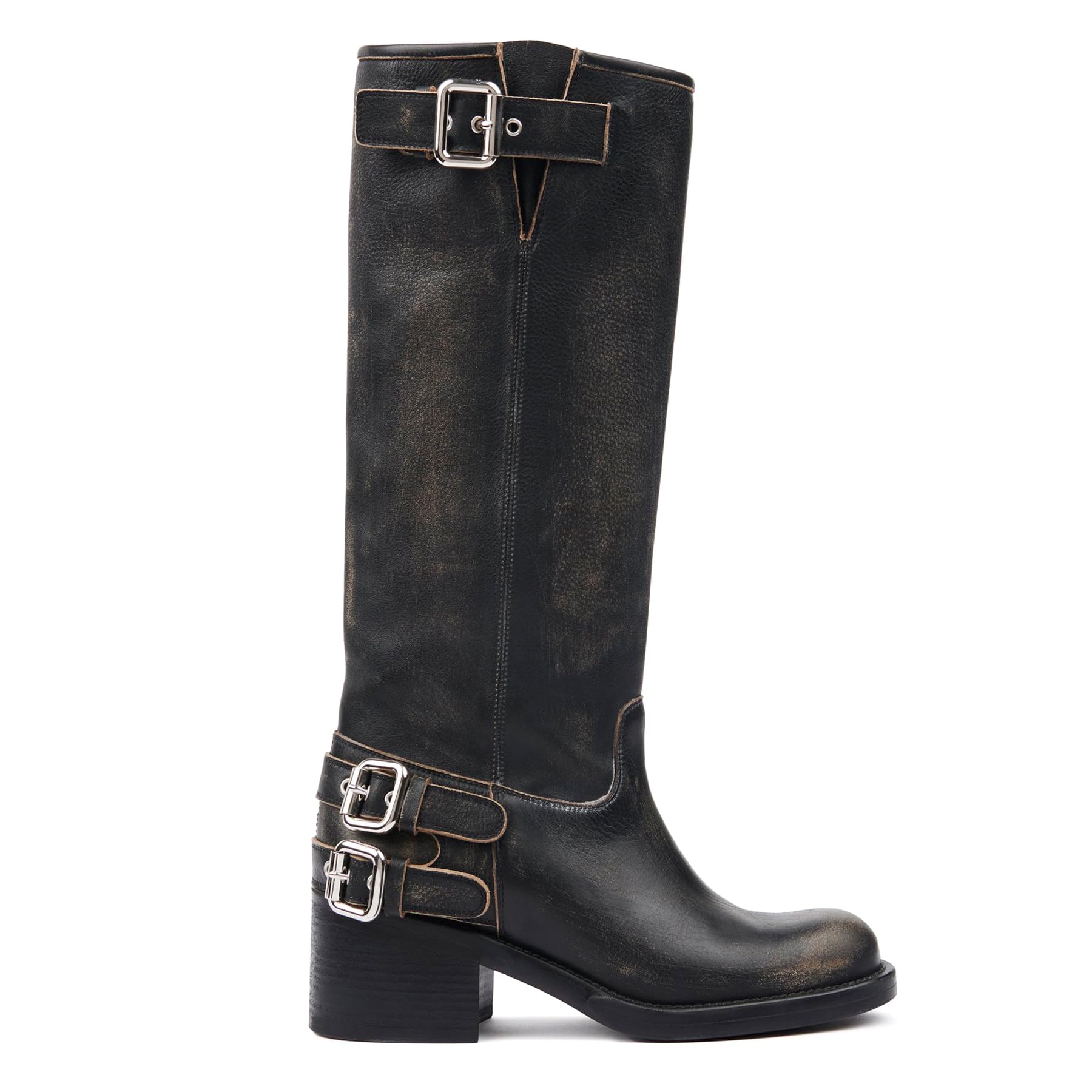Black Womens Knee High Boots Motorcycle Boot Comfortable Pull On Square Toe Chunky Low Heel Fashion Vintage Metallic