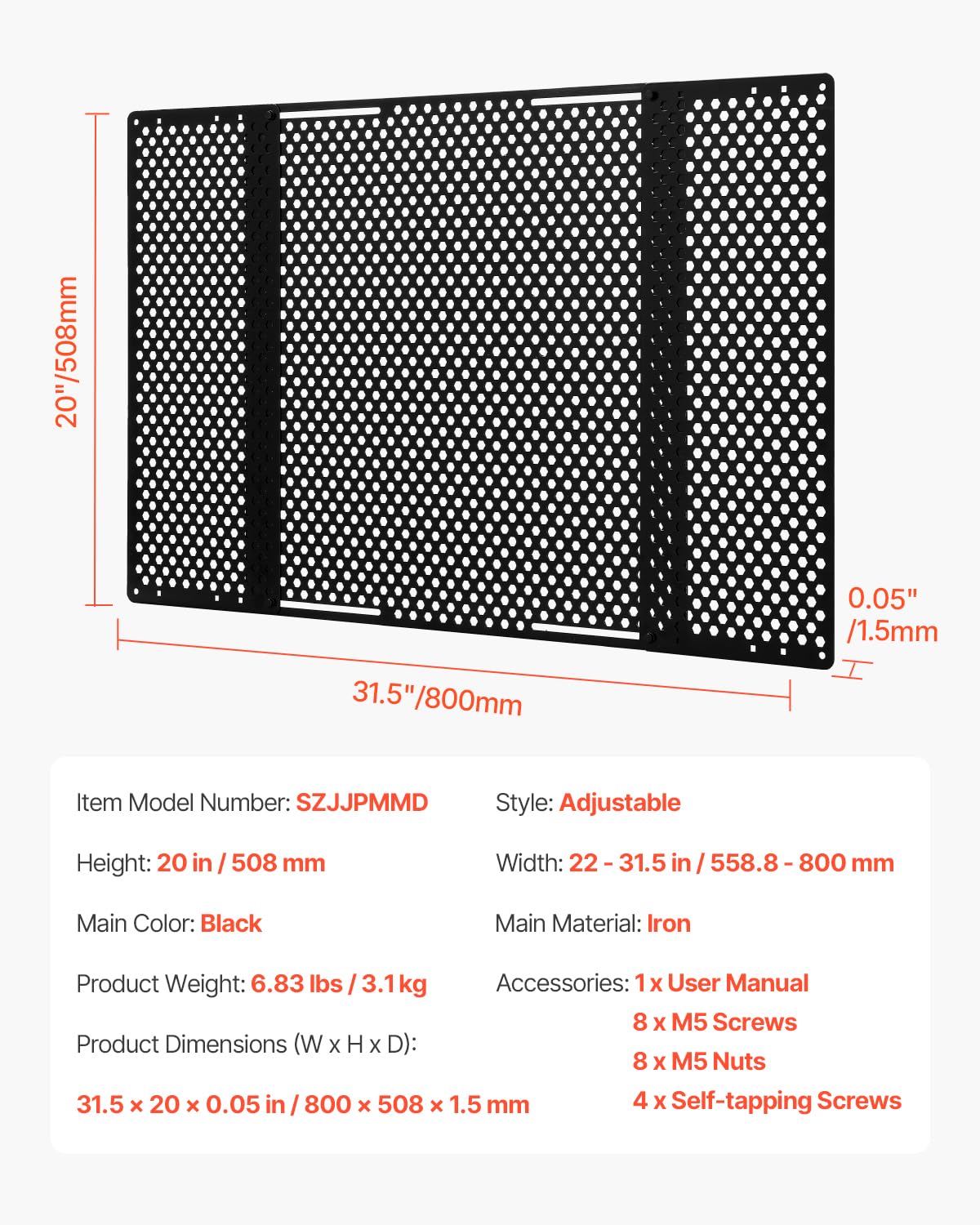 VEVOR Osłona drzwi przyczepy kempingowej, regulowana kratka 558,8-800 mm, wzmocnione oddychające otwory o strukturze plastra miodu, żelazna osłona wejścia do przyczepy kempingowej do ochrony zwierząt