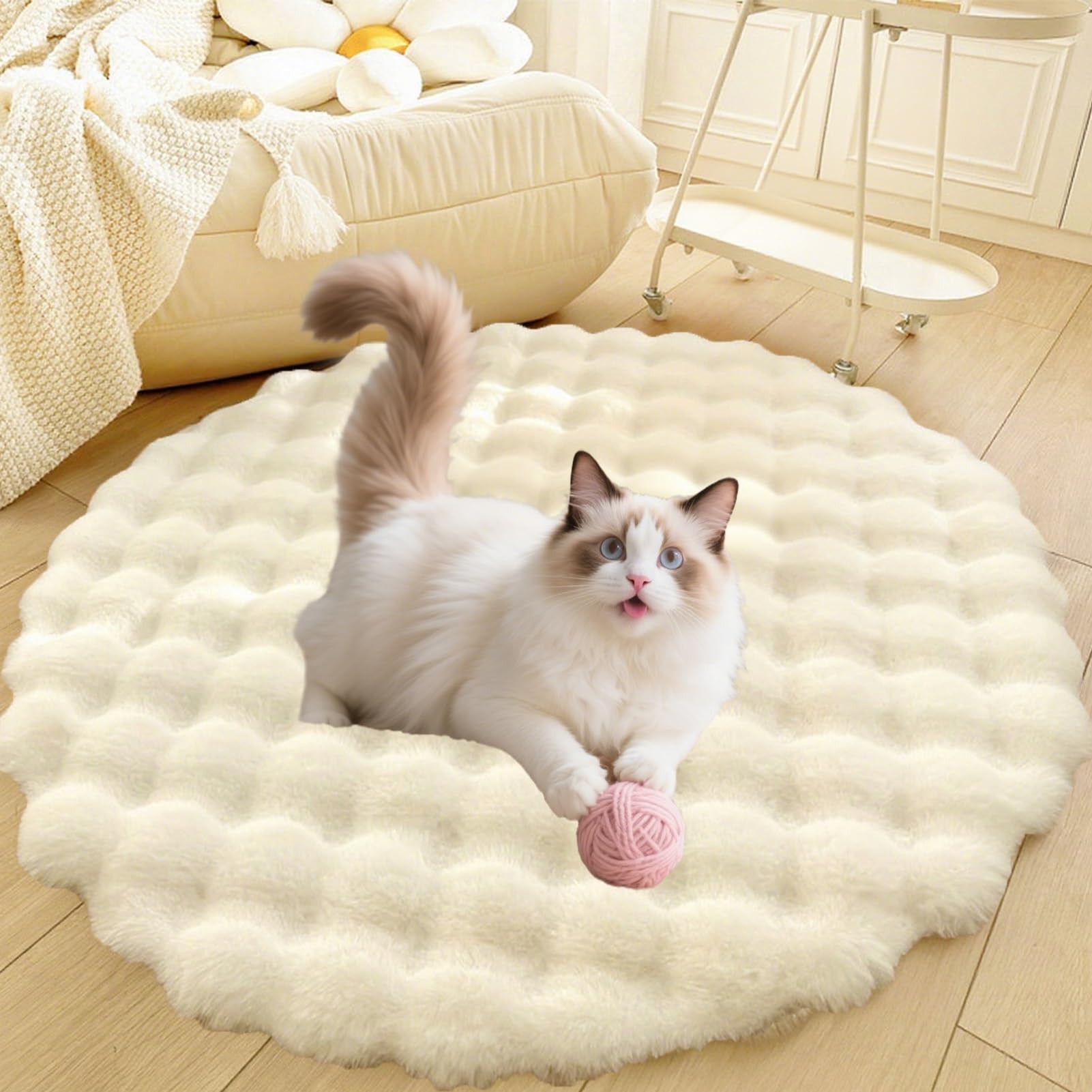 Divano per Cani E Gatti Con Fondo Antiscivolo, Tappeto Rotondo Lavabile, Moderno Letto A Pelo Lungo Da Posizionare Accanto Al Pavimento, Tappetino per Soggiorno(White,43in)