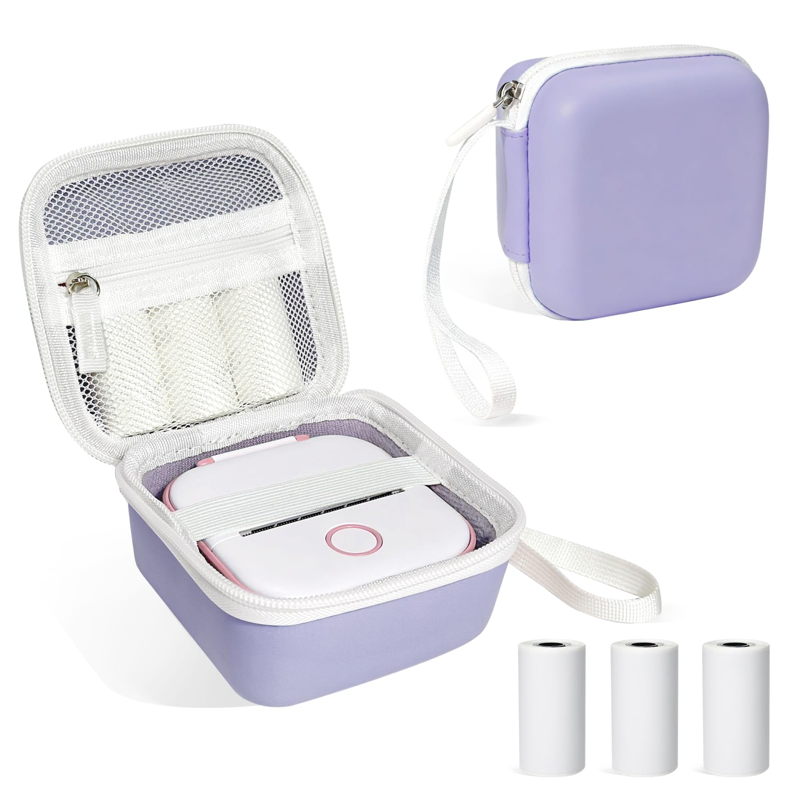 Label Maker Case Compatible with Memoking T02, Case for Phomemo M02 Mini Sticker Printer with 3 Rolls Thermal Sticky Paper(1.97in x 11.48ft/50mm x 3.5m), Portable Sticker Paper Storage Holder (Purple)