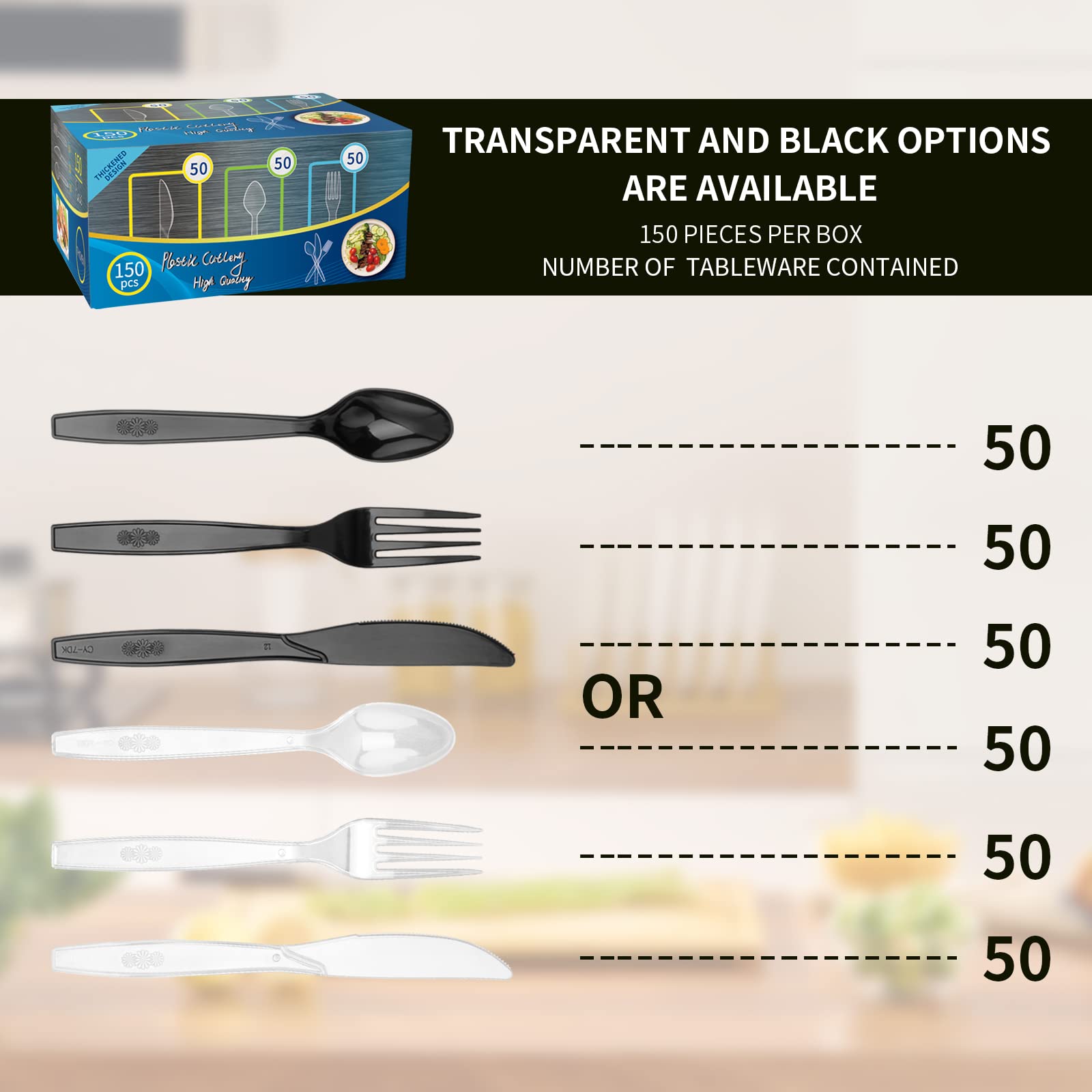 150 Wiederverwendbares Strapazierfähiges Plastikbesteck,Outdoor und Indoor Kunststoffbesteck,Je 50 Gabeln,Messer und Löffel,für Familienfeiern,Outdoor Dinner (transparent)