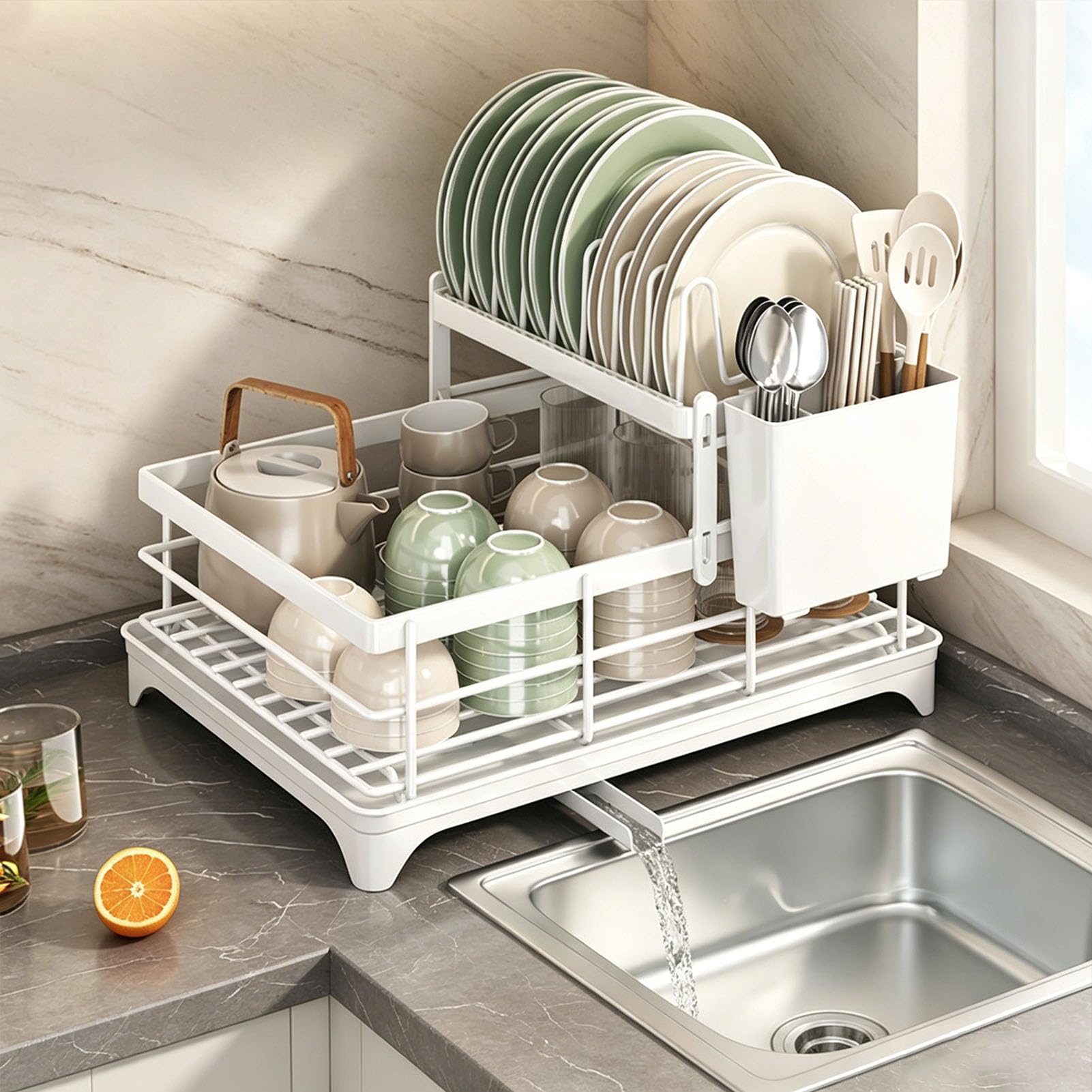 Escurridor de Platos, Gran Capacidad con Boquilla de Drenaje Giratoria 360°, Porta Utensilios Desmontable, Escurridor de Metal Antióxido para Encimera,Blanca,2 Tier