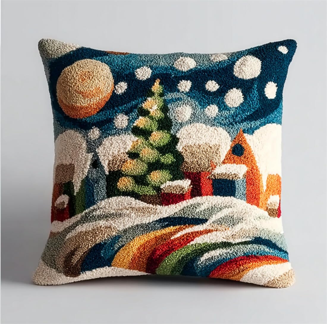 Kitquiver Latch Hook Cushion Kits Snowy Town DIY Tapestry Throw Pillow Cover Needlepoint Cushion Kits for Home Décor Needlework Kit for Beginners 17x17In