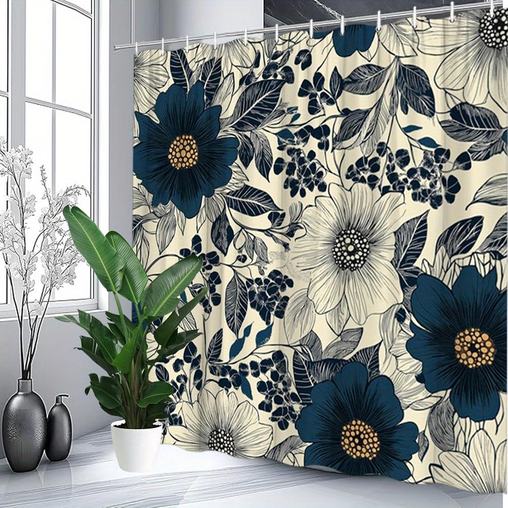 GLWDMB 1 Piece 90x180CM Vintage Flowers Beige Botanical Printed Shower Curtain With Hook, Polyester, for Windows And Walls, Bathtub, Bathroom, Machine Washable, All Season Universal