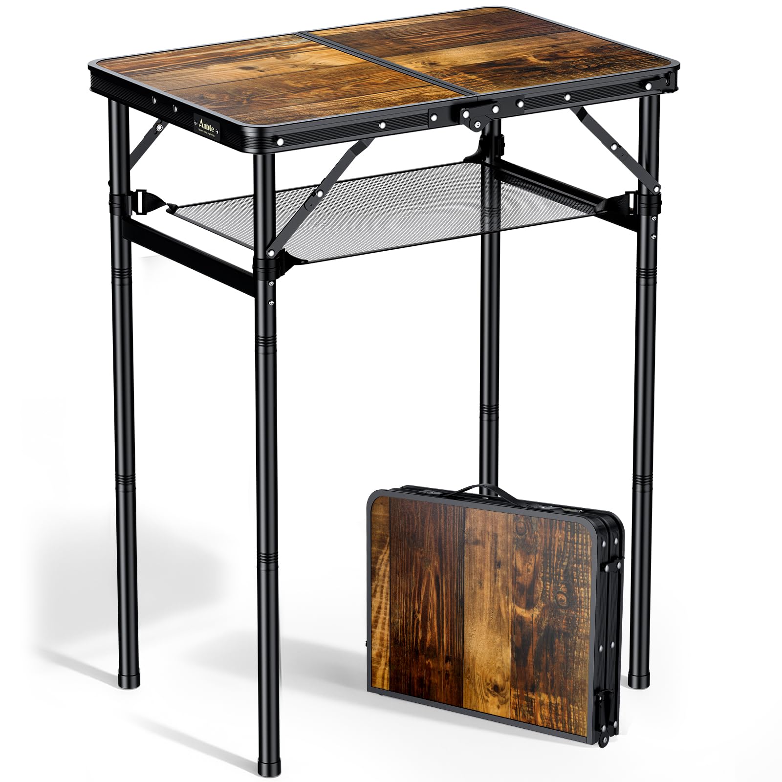 Anbte 2ft Folding Camping Table, 3 Adjustable Height 29.5", Rustic Brown