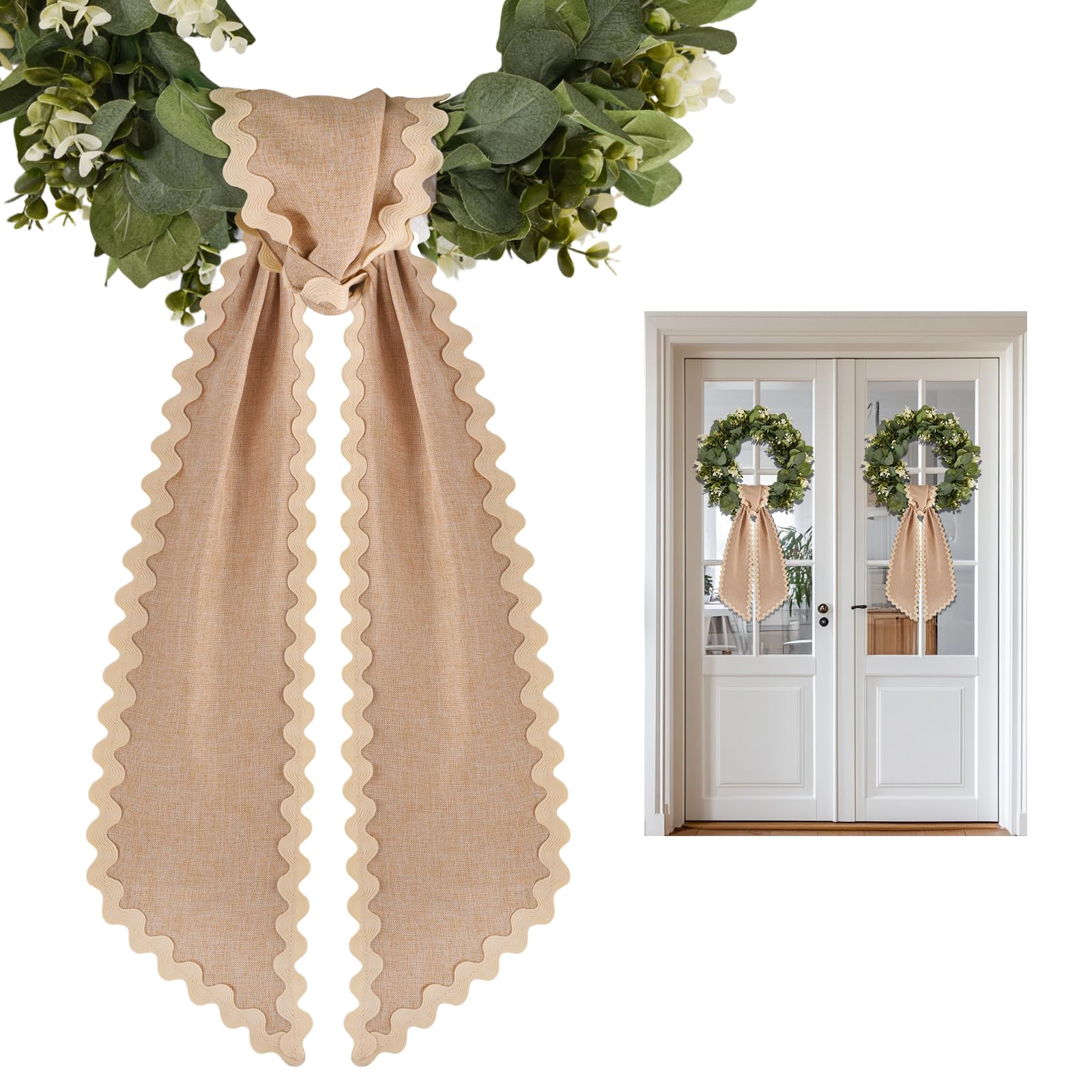 Photo 1 of 2 Pcs Scalloped Wreath Sash for Front Door Ruffle Wreath Ribbon Bow for Yard Porch Garland Home Decor(Burlap)