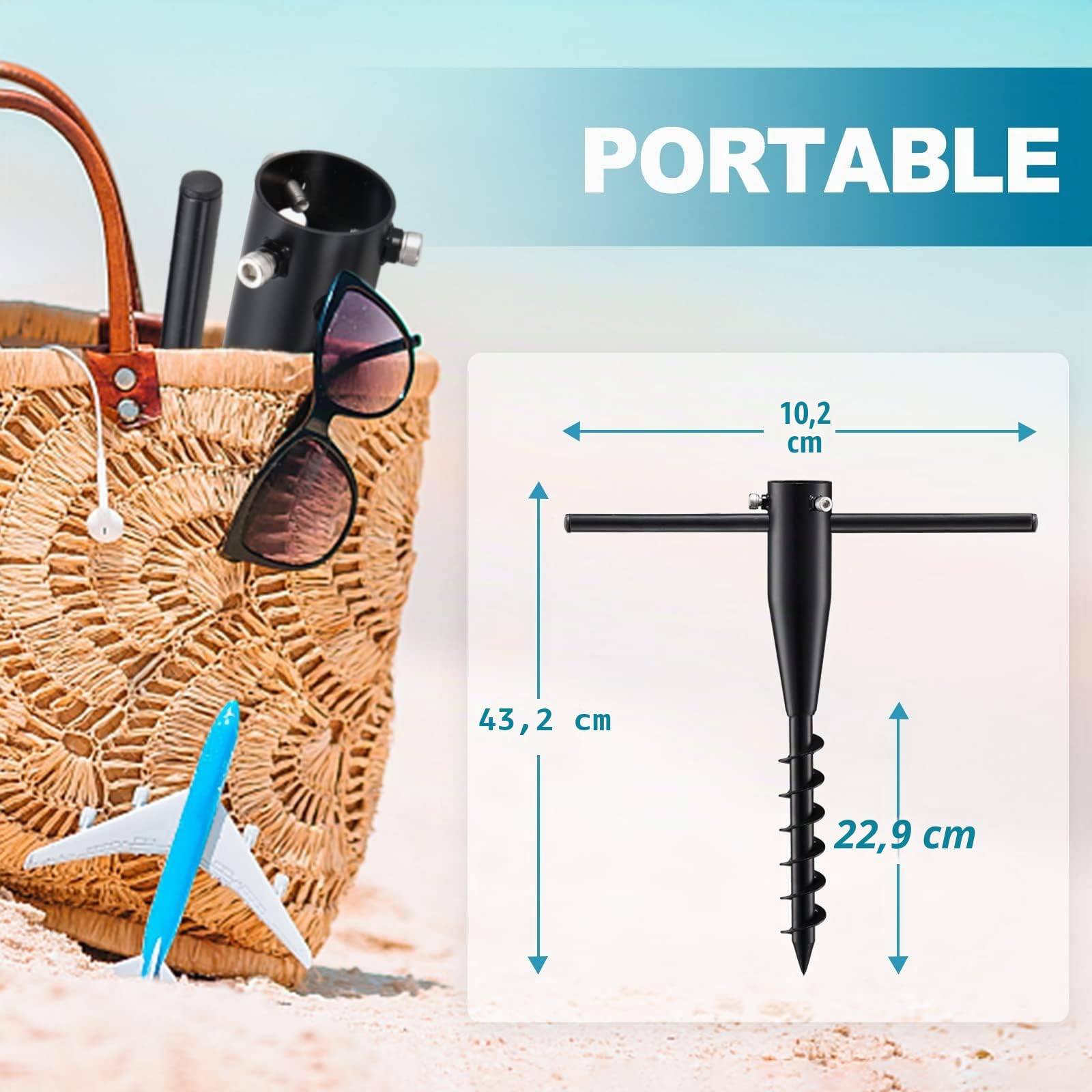 Lot de 2 piquets d'ancrage au sol pour parasol de plage avec base en spirale en métal Noir 43 cm | Ancrage au sol réglable pour poteaux de parasol de 2,5 à 5,5 cm, convient pour le jardin, la plage, la pelouse et la terrasse