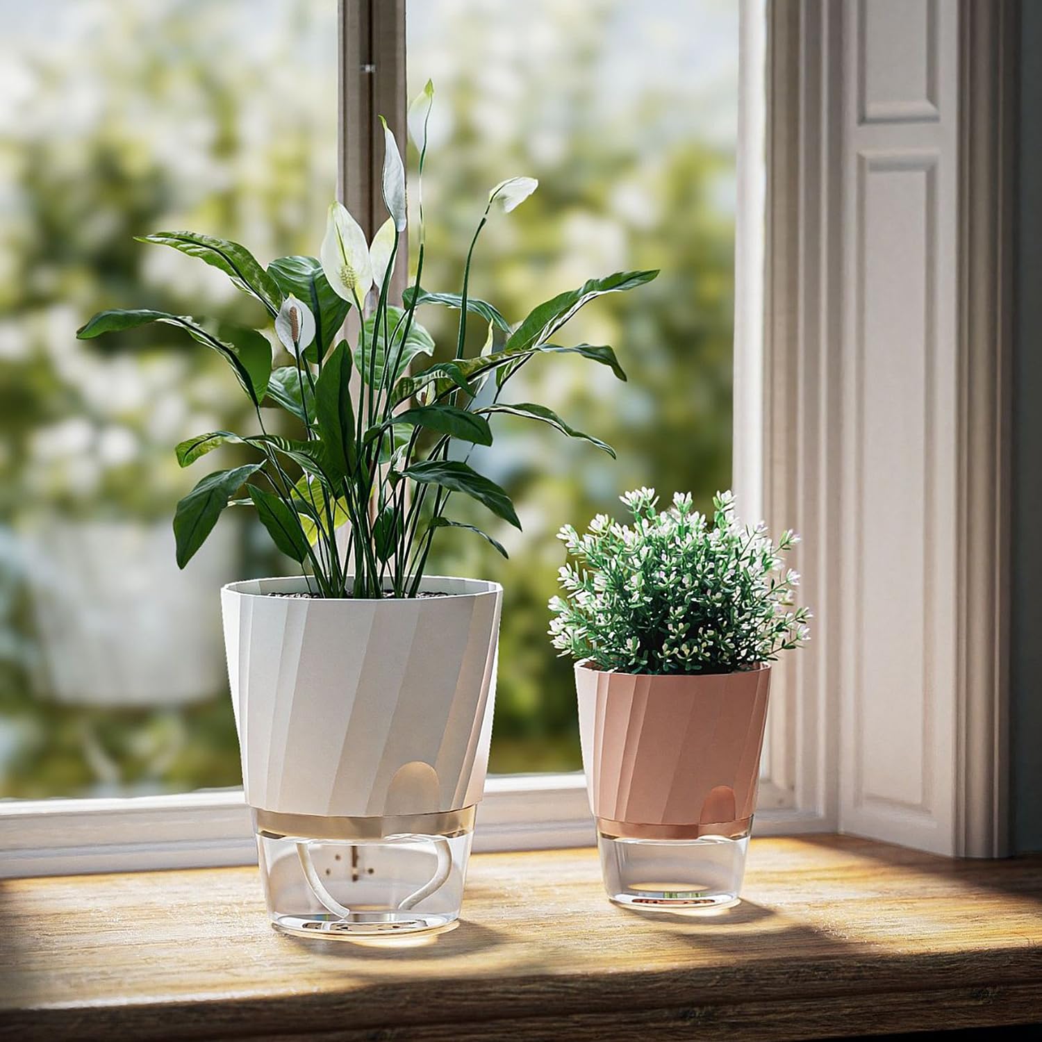 ROLMZJX 4 vasi autoinnaffianti da 20/15/12 cm, grandi vasi autoirriganti con corda di cotone stoppino, vaso in plastica con grande contenitore d'acqua per piante da interno, fiori, erbe aromatiche