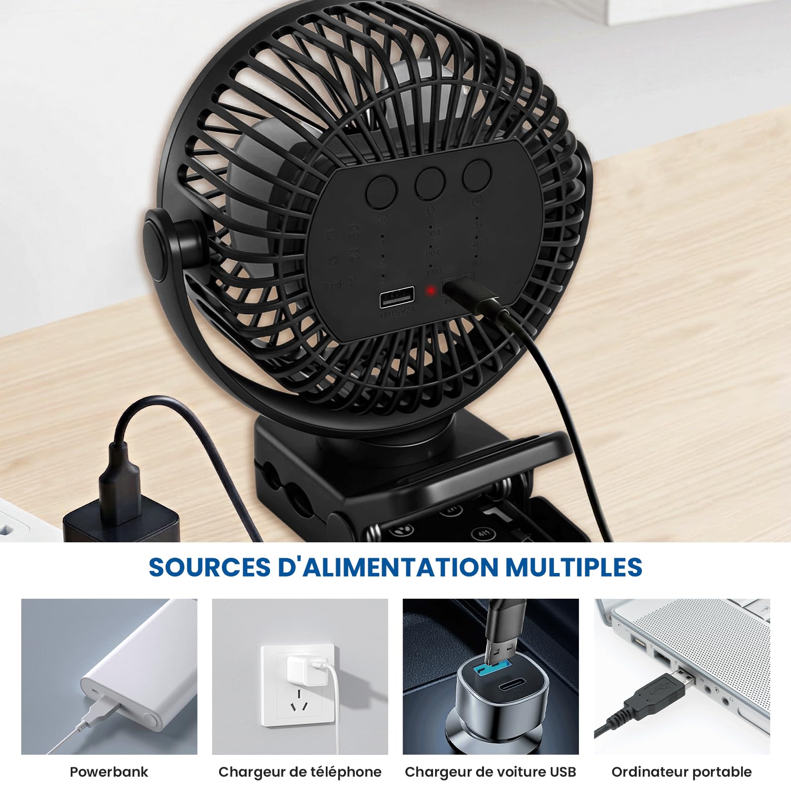 12000mAh Mini Ventilateur à Pince, 6'' Ventilateur Rechargeable USB Ventilateur Portable Silencieux Rotation 360° Petit Ventilateur de Bureau LED, 3 Vitesses, Télécommande pour Camping Bureau