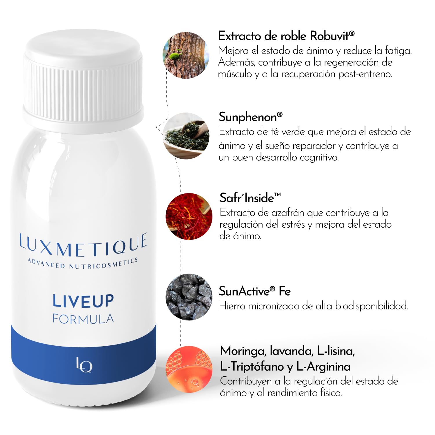 LUXMETIQUE® Liveup Formula - Reduce Estrés y Ansiedad, Mejora el Estado de Ánimo - Con Safr'inside™ (Azafrán), Sunphenon® y Robuvit® - Energía y Rendimiento Físico - 15 Viales Bebibles