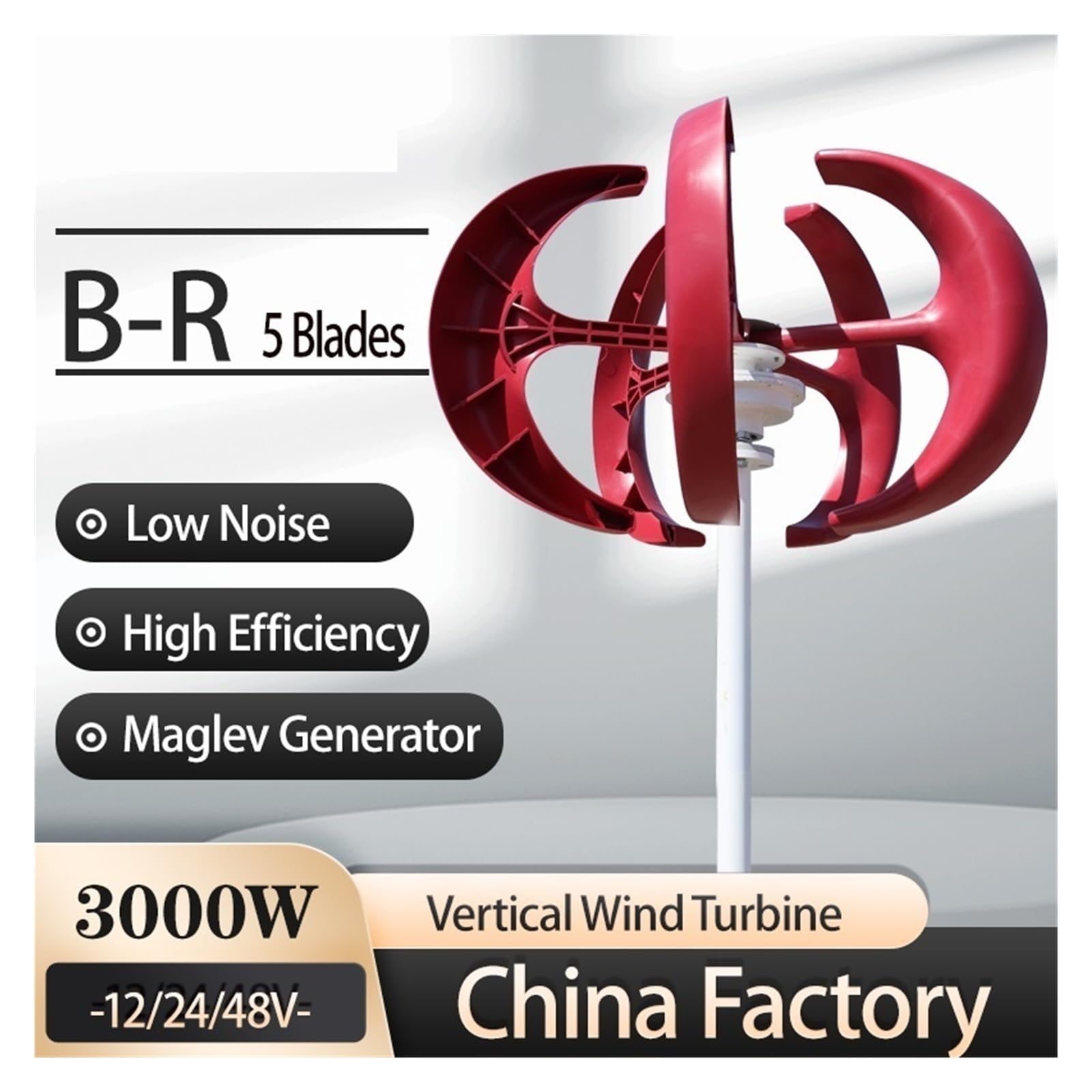 Windturbinengenerator, 1000W Vertikale Windturbine 12v 24V Achse Windgenerator Kleine Windmühle Freie Energie Mit MPPT Laderegler für Marine, Wohnmobil, Zuhause(Red,Turbine Only,48V)