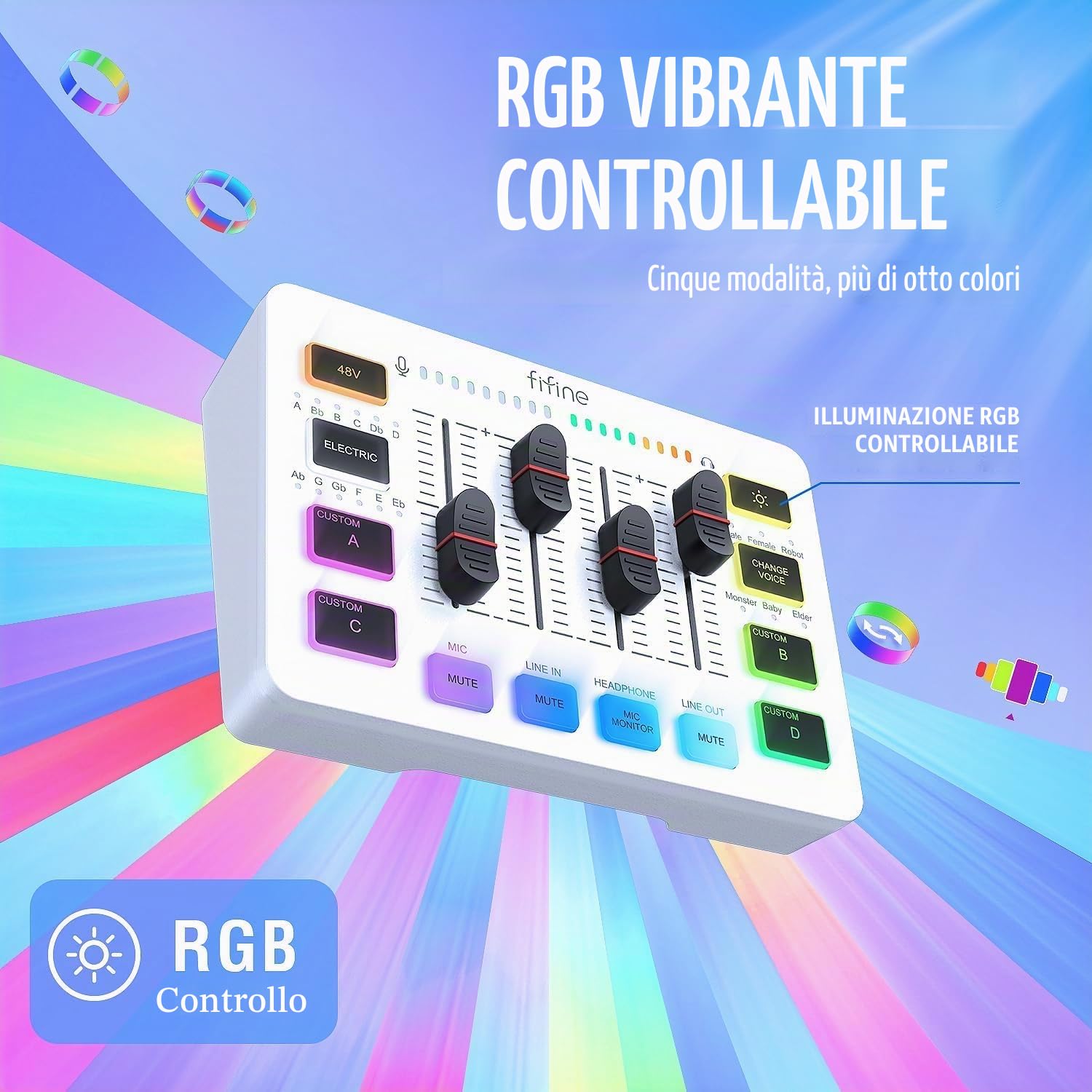 FIFINE Mixer audio da gioco, streaming RGB PC Mixer con interfaccia microfono XLR, controllo individuale, controllo del volume, tasto muto, alimentazione phantom 48 V, per podcast, registrazione,