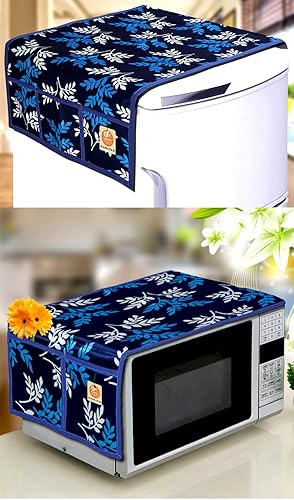 KANUSHI Industries Fridge Covers/Refrigerator Cover + 1 Pc Microwave/Oven Cover for Top (Color- Blue)(Copy-FRI+Micro-Blue-Small-Leaves)