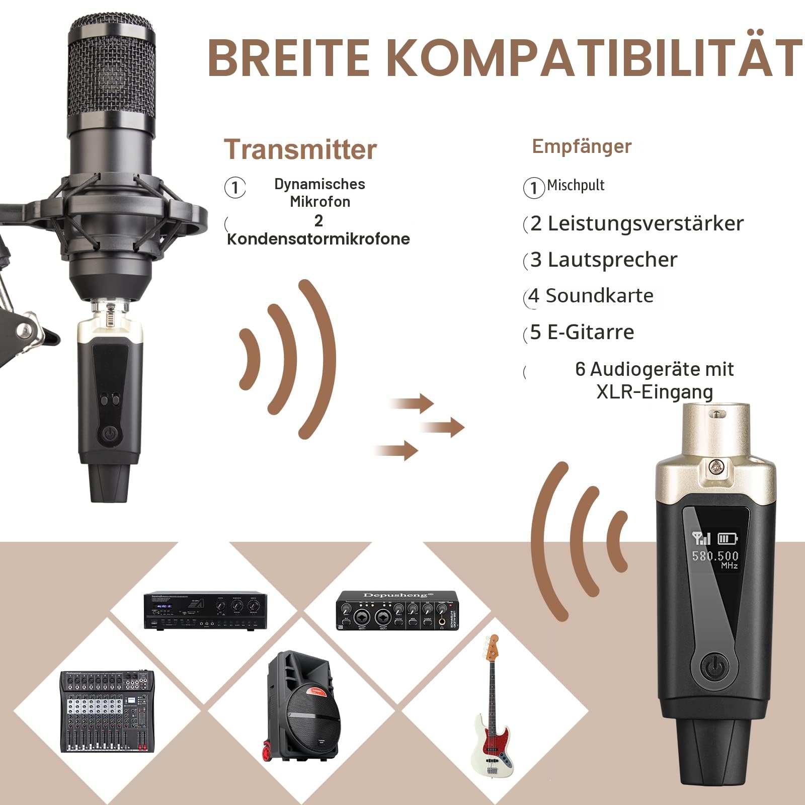 Depusheng T9 Drahtloses Mikrofon XLR Sender und XLR Empfänger Drahtloses System für dynamische und Kondensatormikrofone, Mischer, PA-System, Lautsprecher