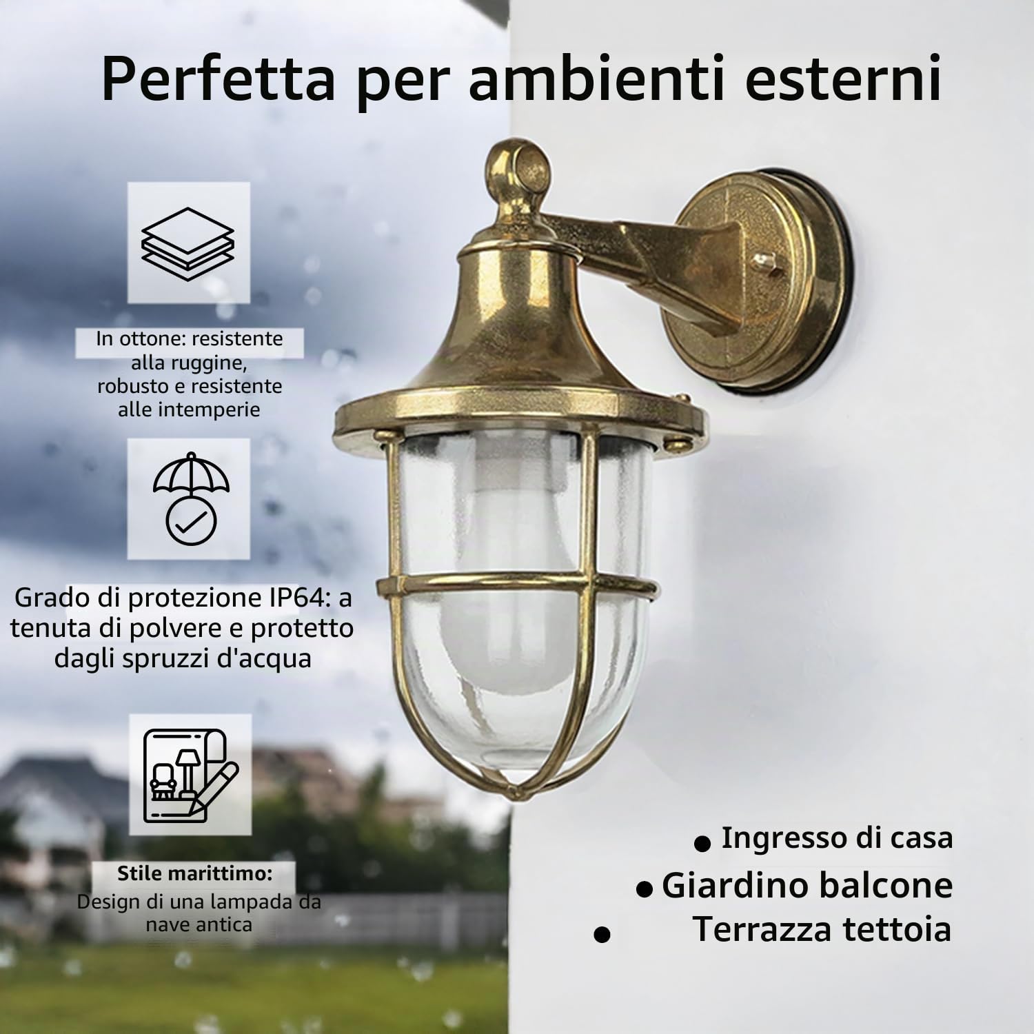 Licht-Erlebnisse Lampada da parete in ottone, lampada da esterno marittima, lampada da nave, rustica, nostalgica, IP64, H:27 cm, E27, illuminazione esterna giardino, lampada da parete esterna balcone