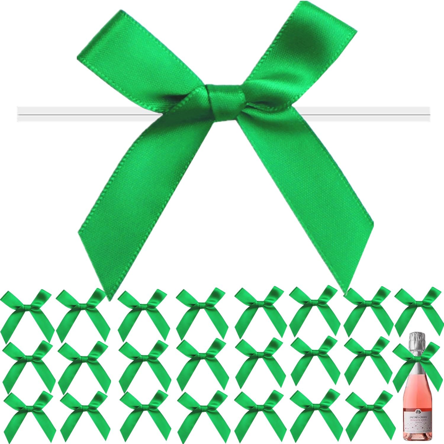 120 Pack 3 inches Twist Tie Bows Green, Satin Bows with Twist Ties for Treat Bags, Pretied Bows, Twist Tied Bows with Wire, Pre Tied Ribbon Bows for