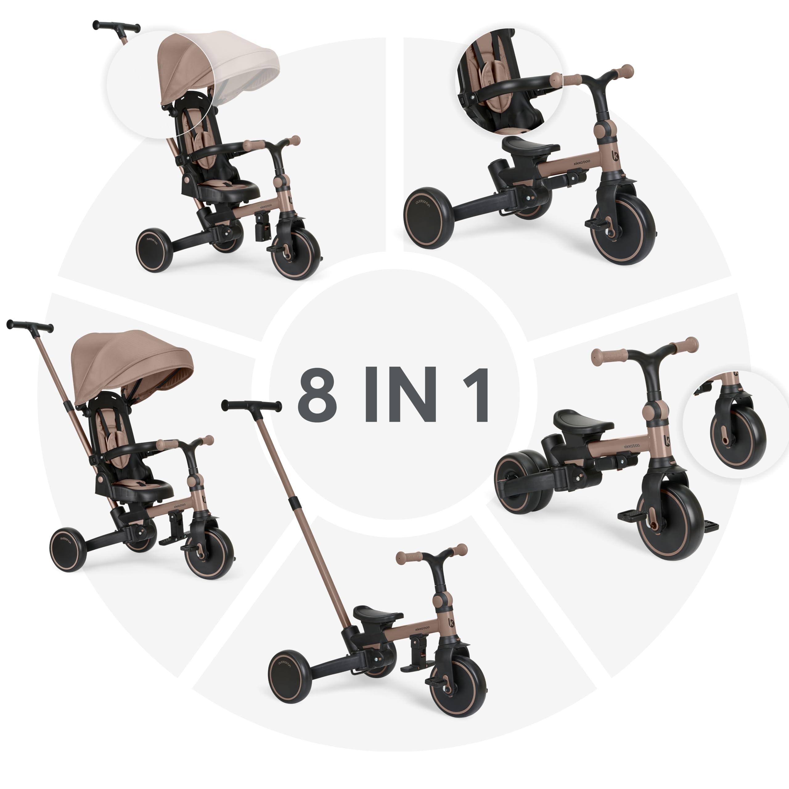 KikkaBoo Tricycle 8 En 1 ALUMA – Évolutif 1-5 Ans, Pliable, Assise Réversible, Cadre Aluminium, Gris