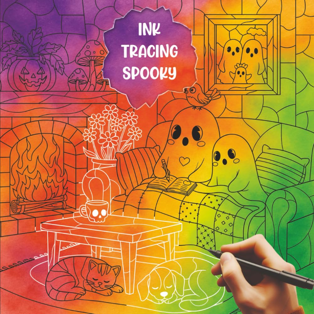 Ink Tracing Spooky: Trace the White Paths to Unveil Creepy Halloween Scenes in Stained Glass Patterns