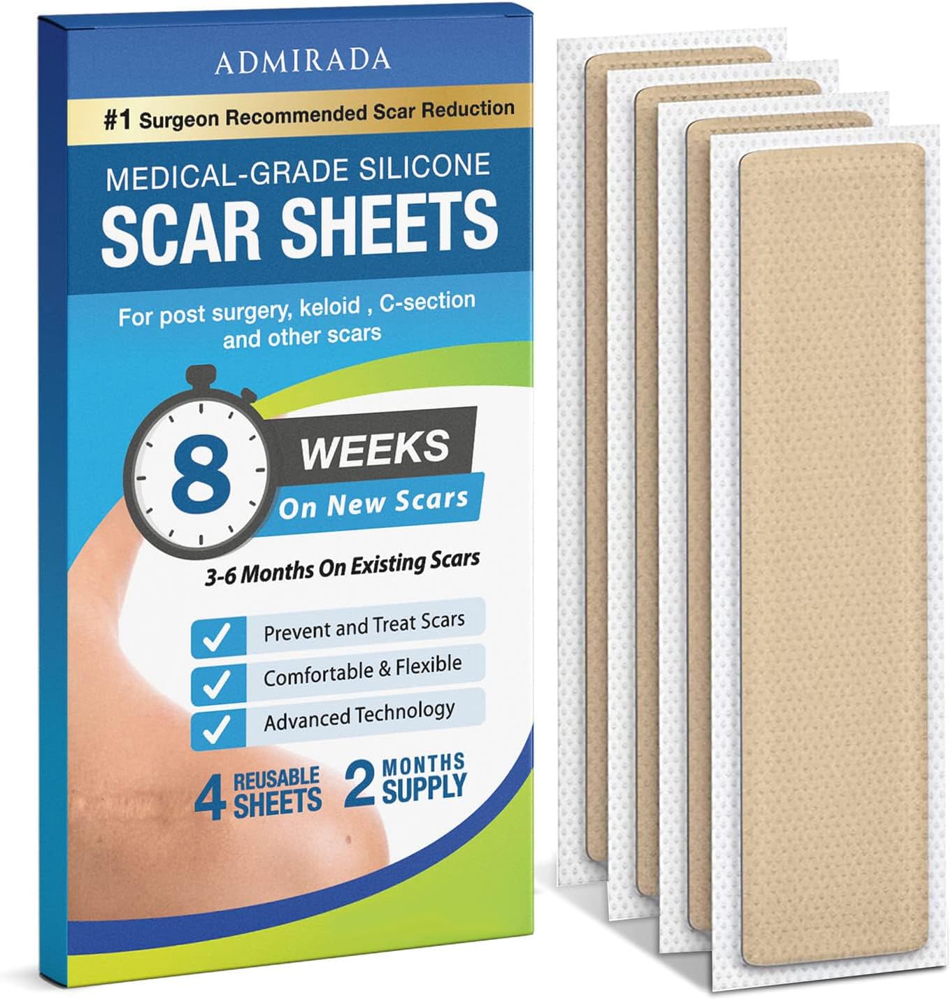 Scar Away Silicone Scar Sheets, Advanced Scar Removal for All Scar Types, Silicone Scar Tape [2 Month Supply]