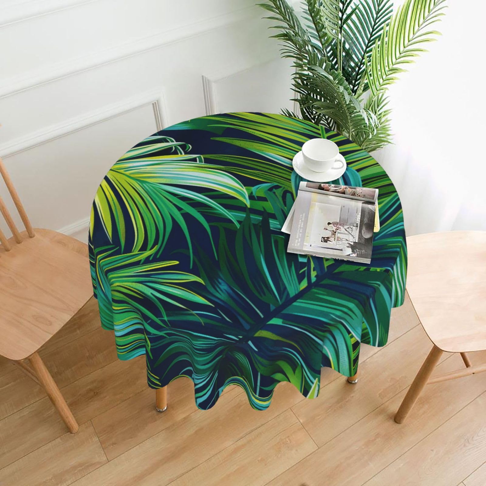 WPKJU Tropical Palm Leaves Printed Round Tablecloth 60 in Water Resistant Table Cover Washable Table Cloth for Dining Tables