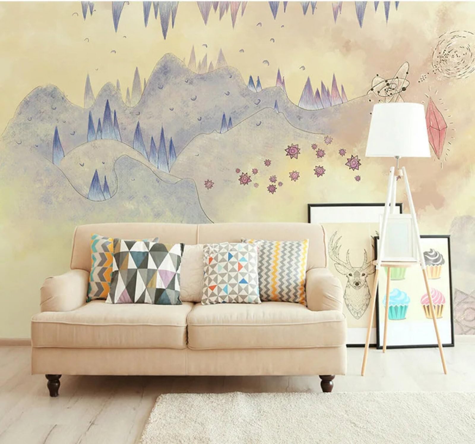 Tzxztt Cartoon Abstract Hand Drawn Watercolour Mountain Peaks Modern 3D Wallpaper Premium Textured Silk Neutral Tones Material Ideal for Living Room Bedroom-350cm×256cm