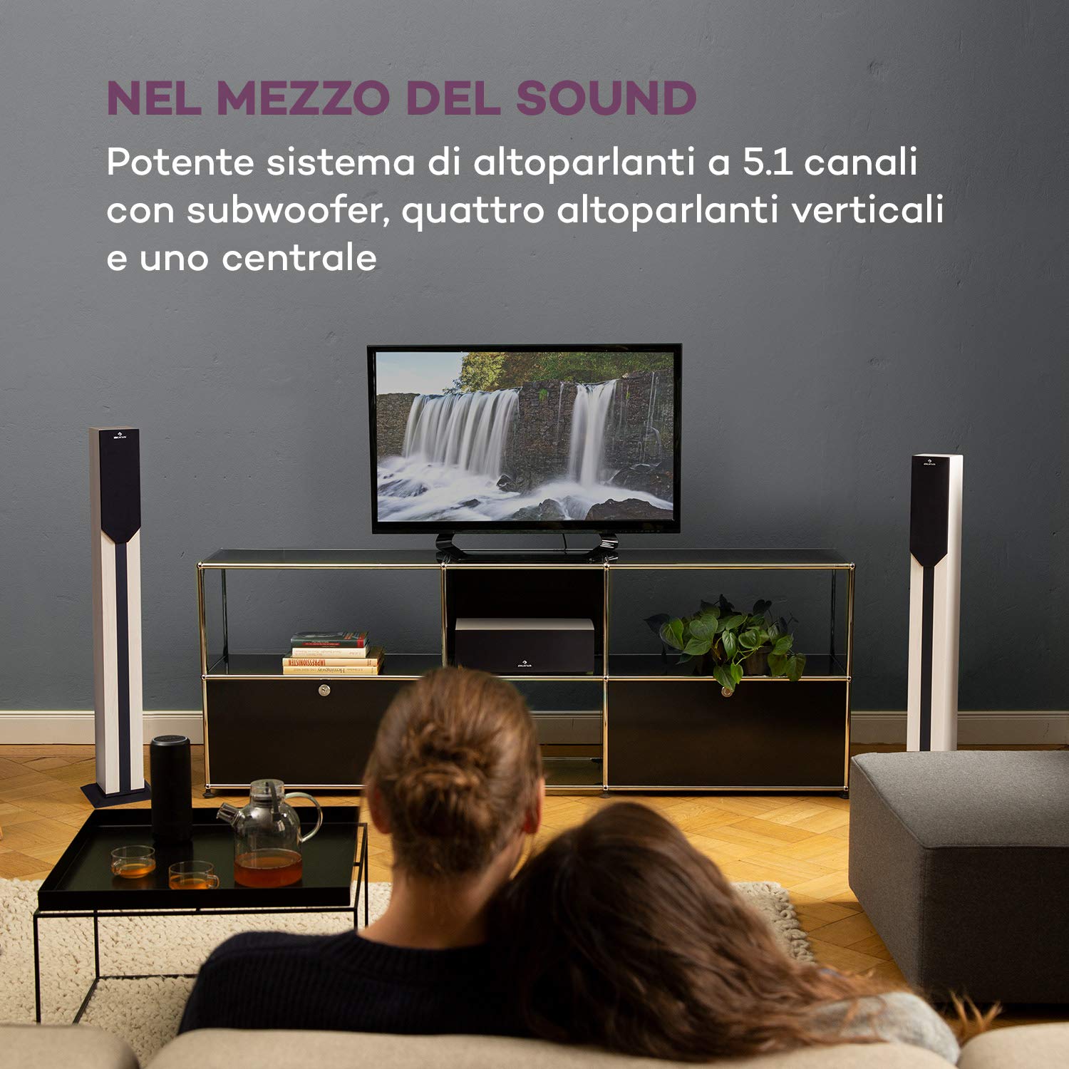 AUNA Areal Elegance - Home Theater 5.1, Impianto Surround a 5.1 Canali, Home Cinema, Potenza: 190 Watt RMS, Subwoofer: 5", 5 Altoparlanti Satellite (3"+5"), Bluetooth, USB/SD, Effetto Legno Chiaro