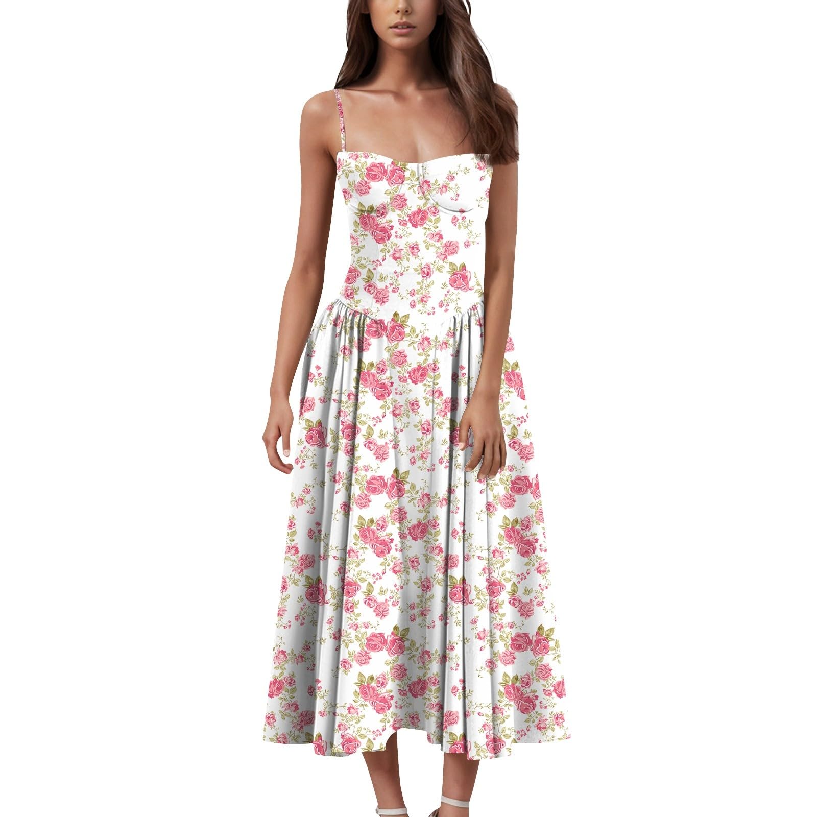 Womens Corset Dress Elegant Spaghetti Strap Bustier Midi Dress Flowy Pleated Hem Low Cut Prom Dresses with Pockets