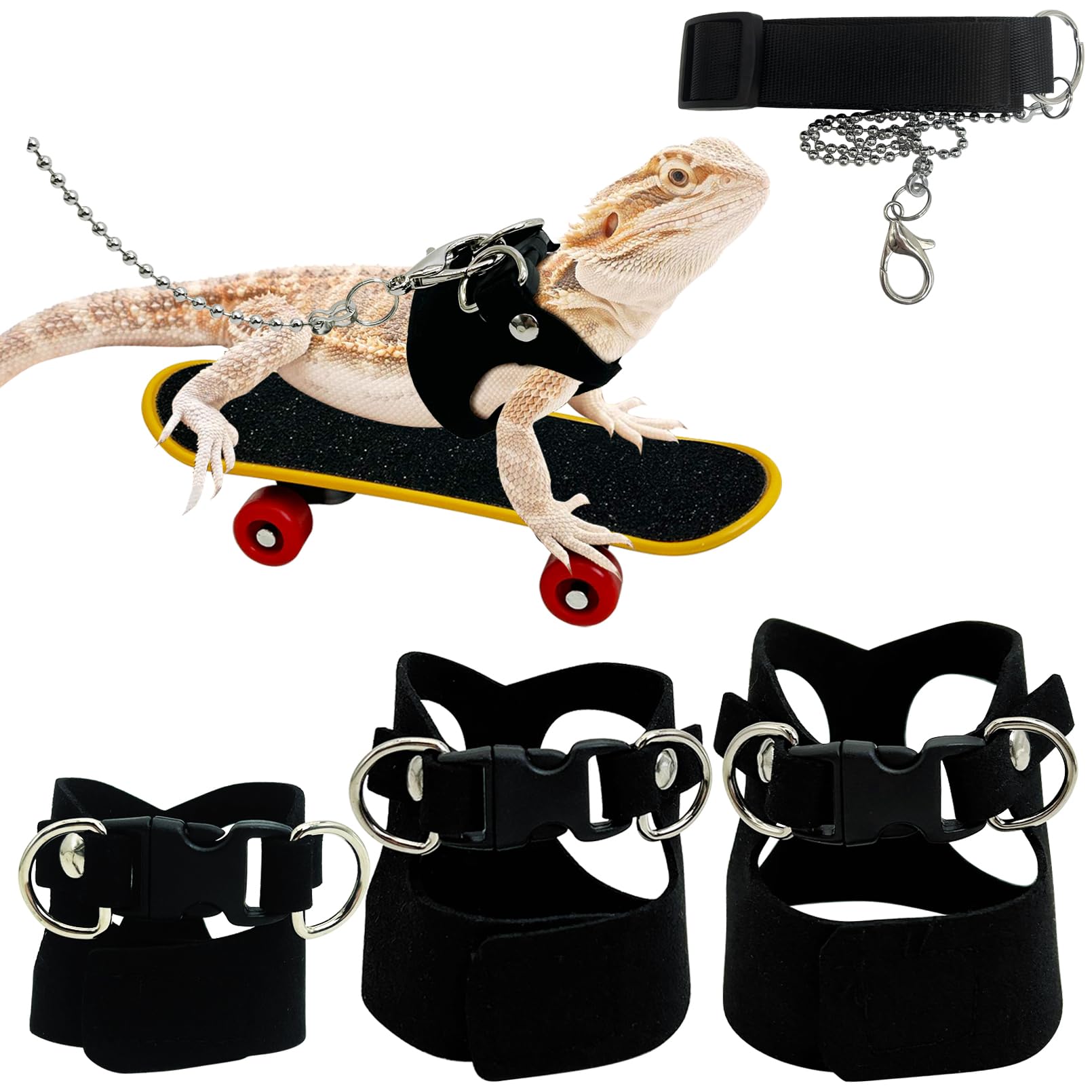 PINVNBY 3 Size Bearded Dragon Harness and Leash Set Adjustable Soft Leather Lizard Leash with Traction Rope Mini Skateboard Toy for Small Animal