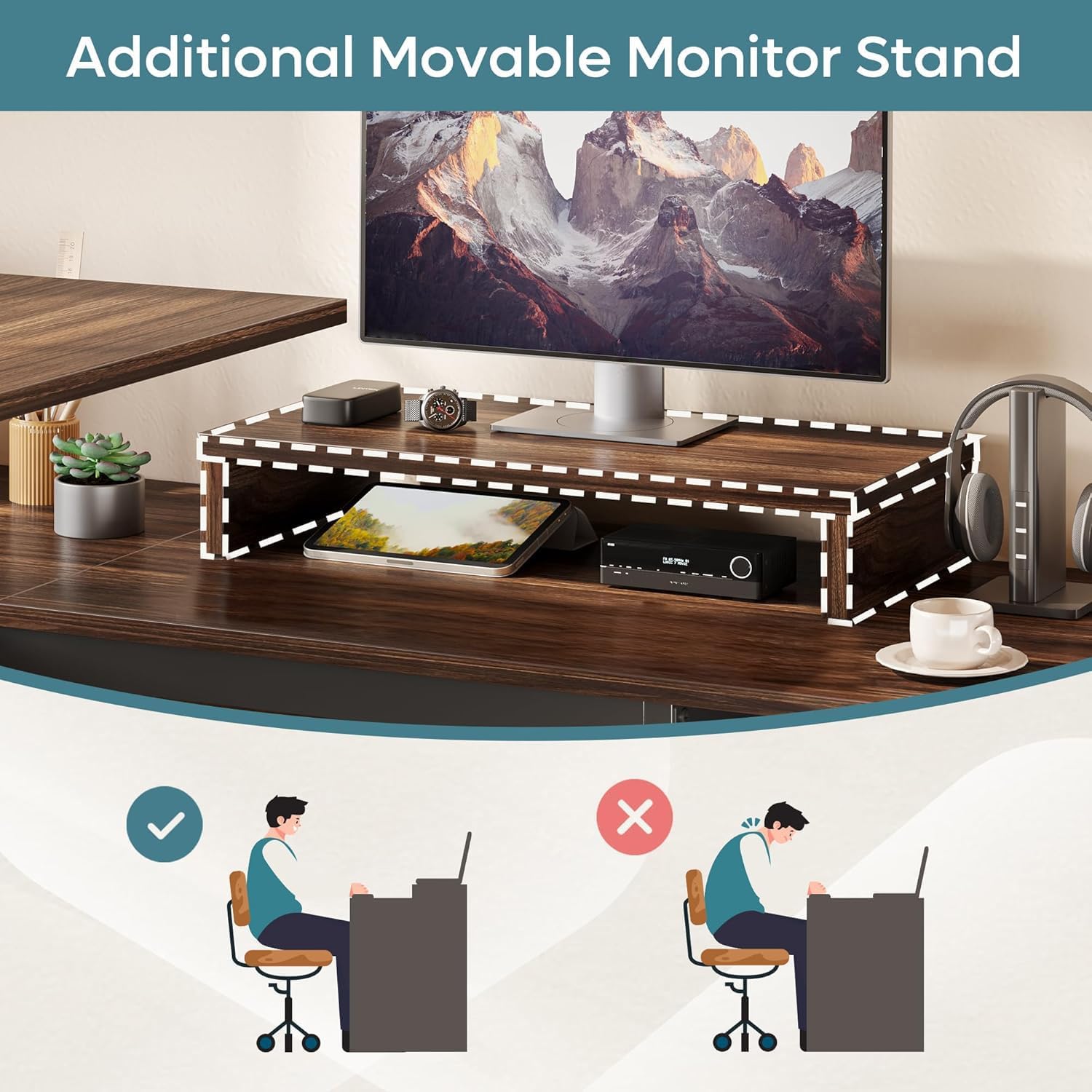 Bestier L Shaped Standing Desk with Lift Top, 55" x 55" Standing Corner Desk for Home Office, Computer Desk with Reversible File Drawer and Monitor Stand, Walnut